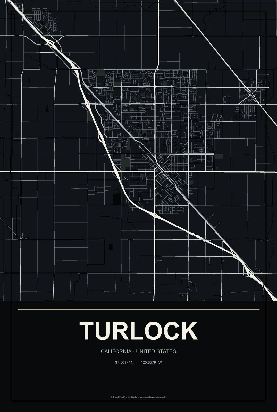 Turlock, California City Map Aluminum Sign in Metropolitan Noir style