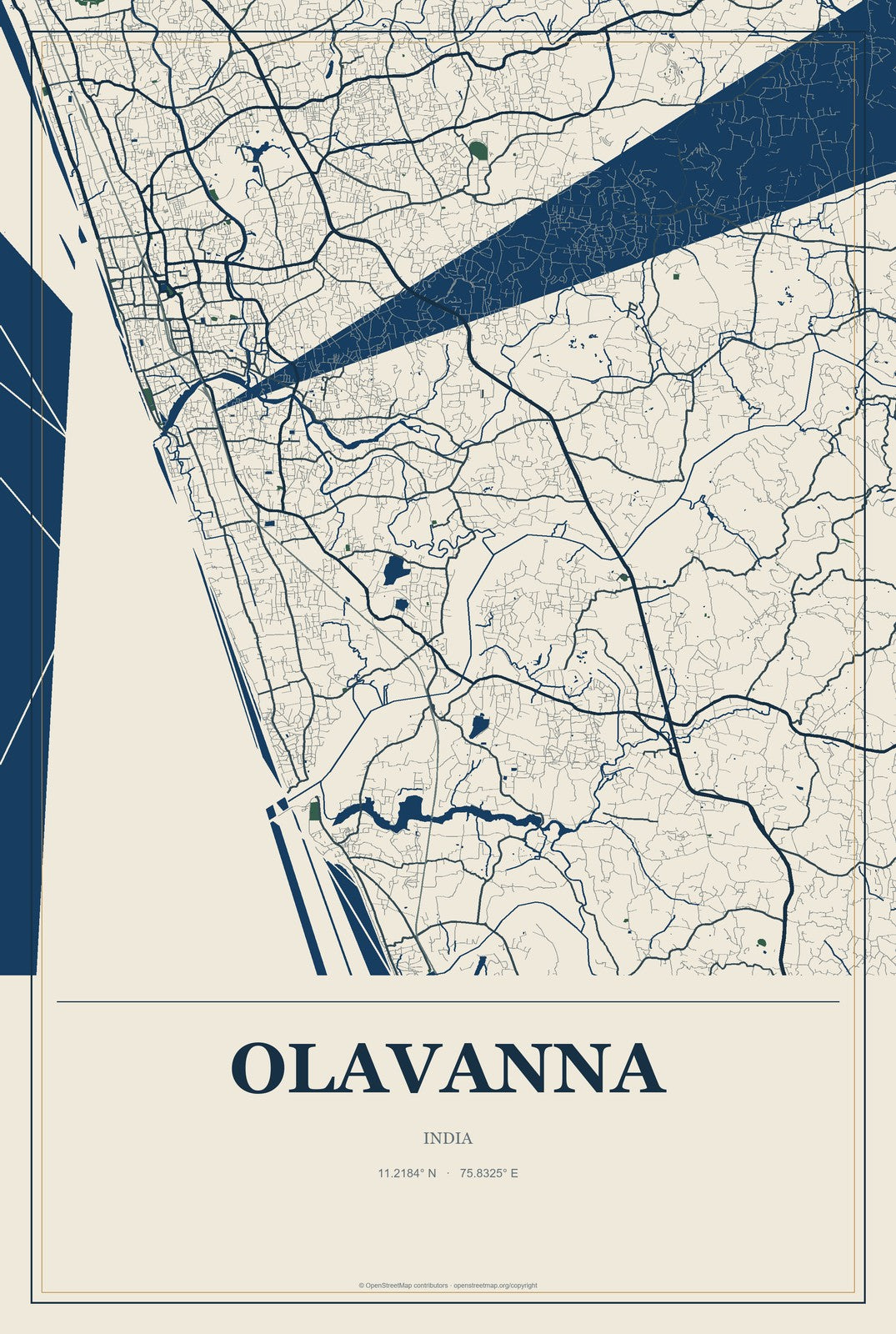 Olavanna, India City Map Aluminum Sign in Coastal Cutout style