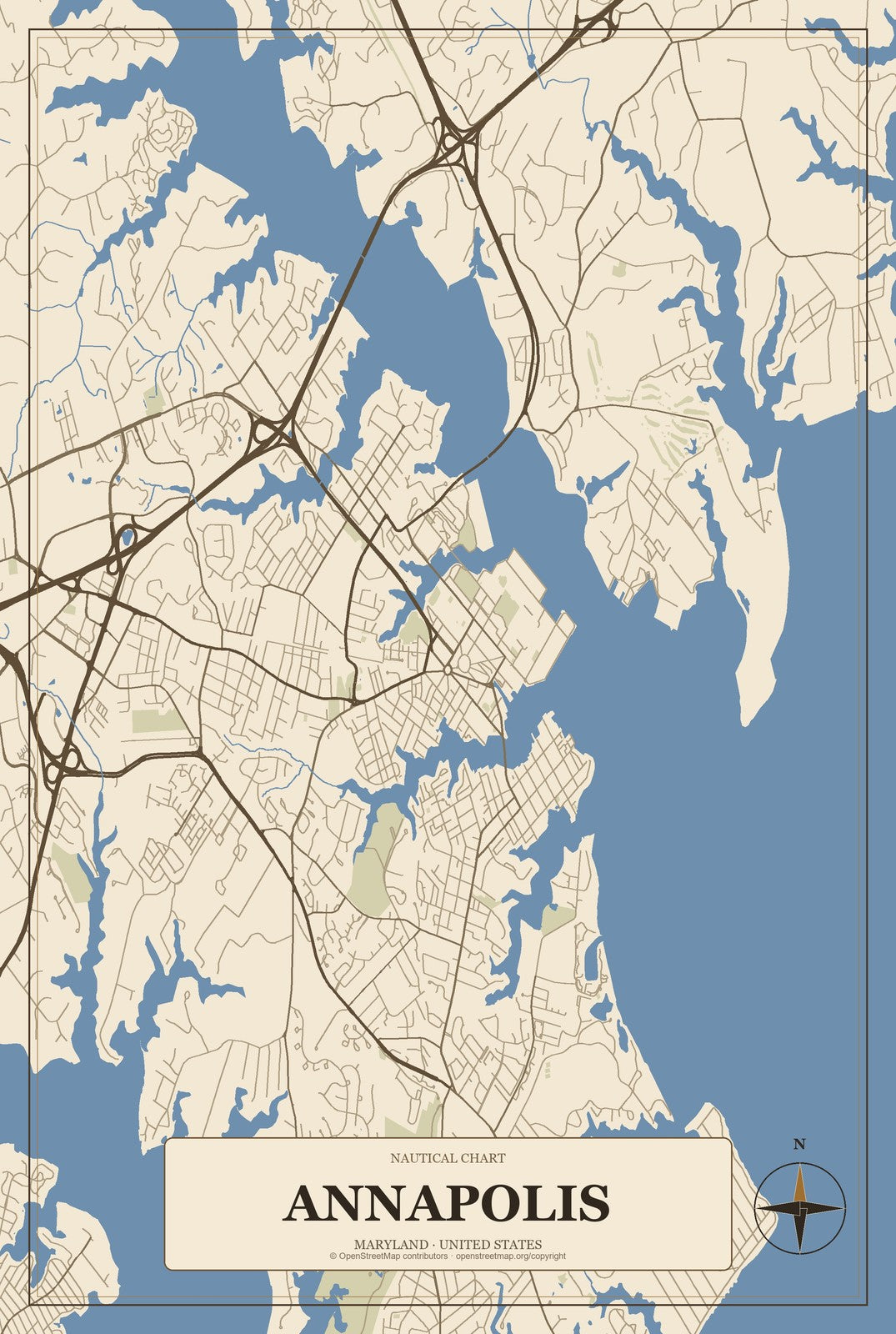 Annapolis, Maryland City Map Aluminum Sign in Heritage Nautical style