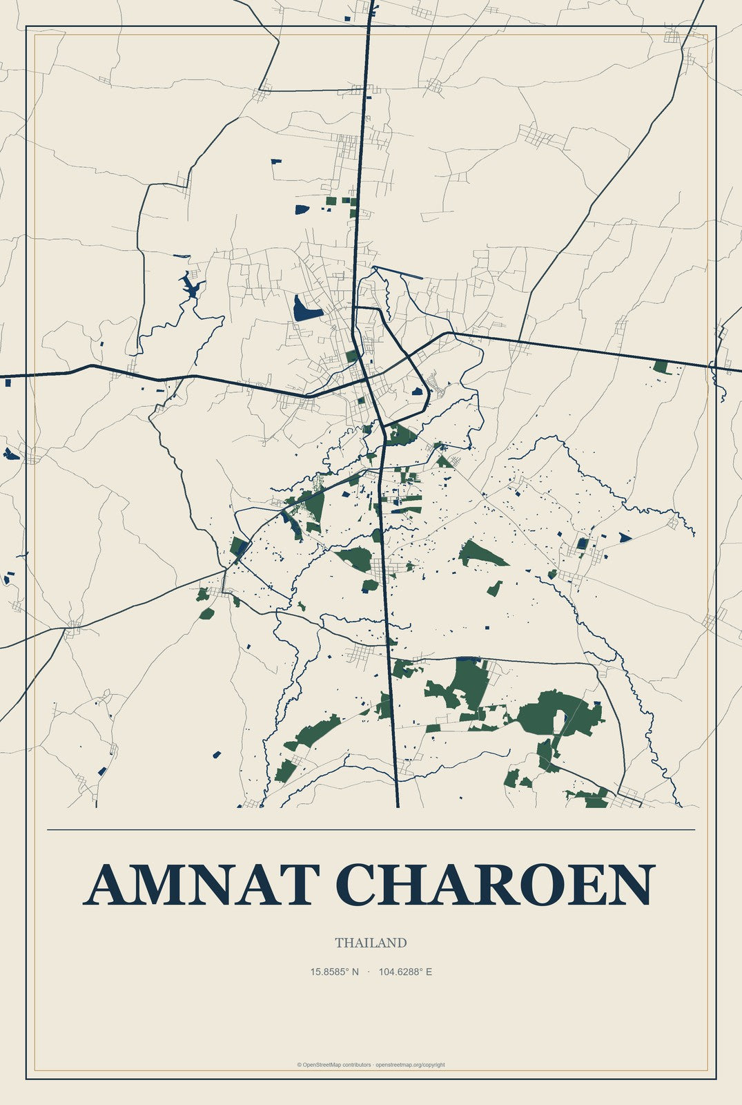 Amnat Charoen, Thailand City Map Aluminum Sign in Coastal Cutout style