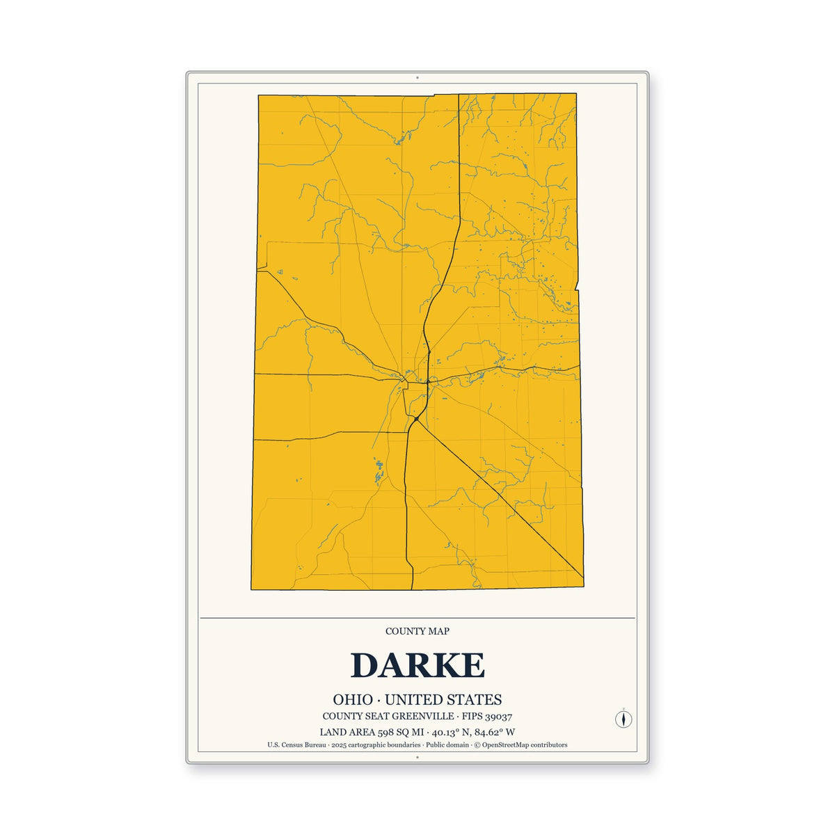 Darke County, Ohio Map Aluminum Sign in Citrine Modern style
