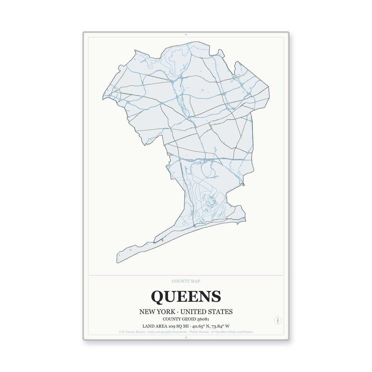 Queens County, New York Map Aluminum Sign in Gallery Air style