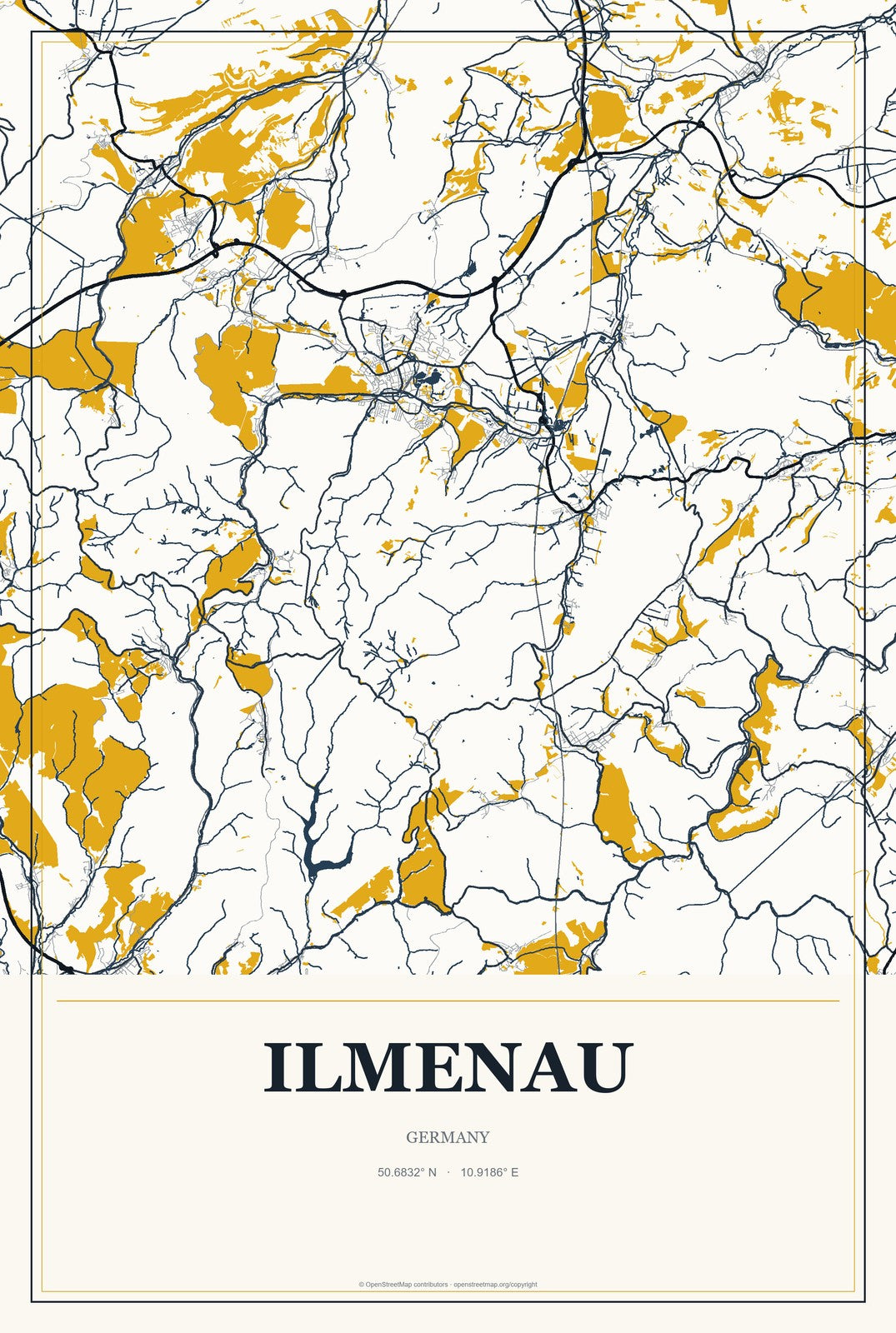 Ilmenau, Germany City Map Aluminum Sign in Citrine Modern style