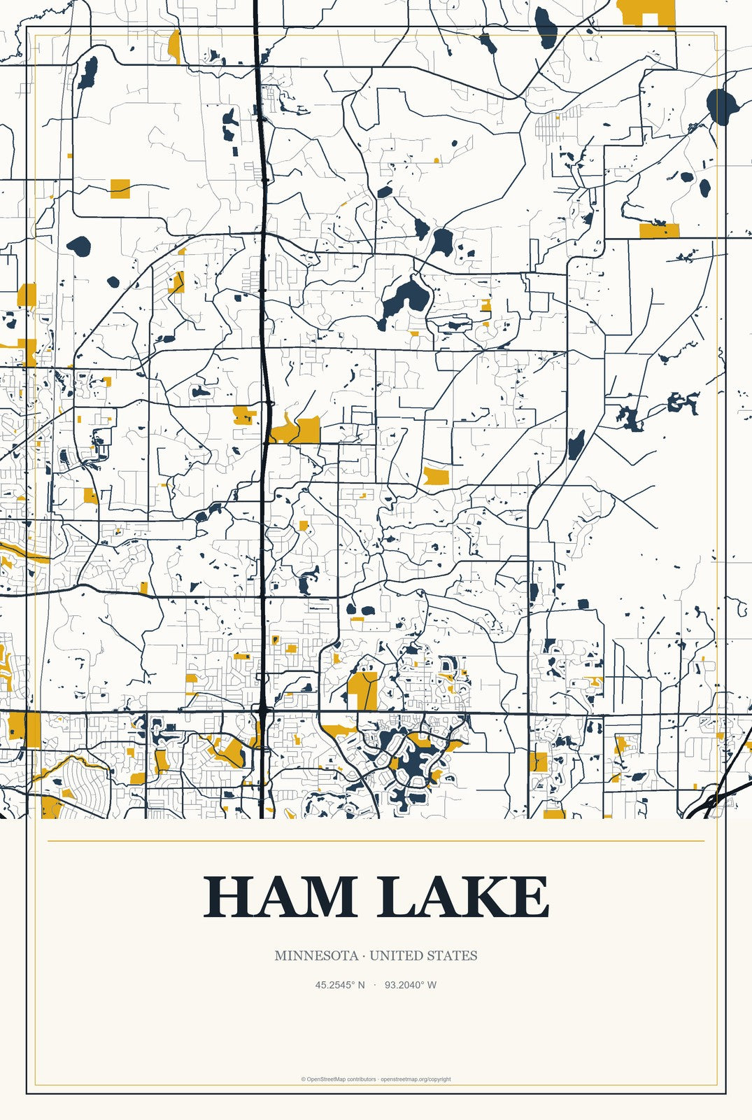 Ham Lake, Minnesota City Map Aluminum Sign in Citrine Modern style