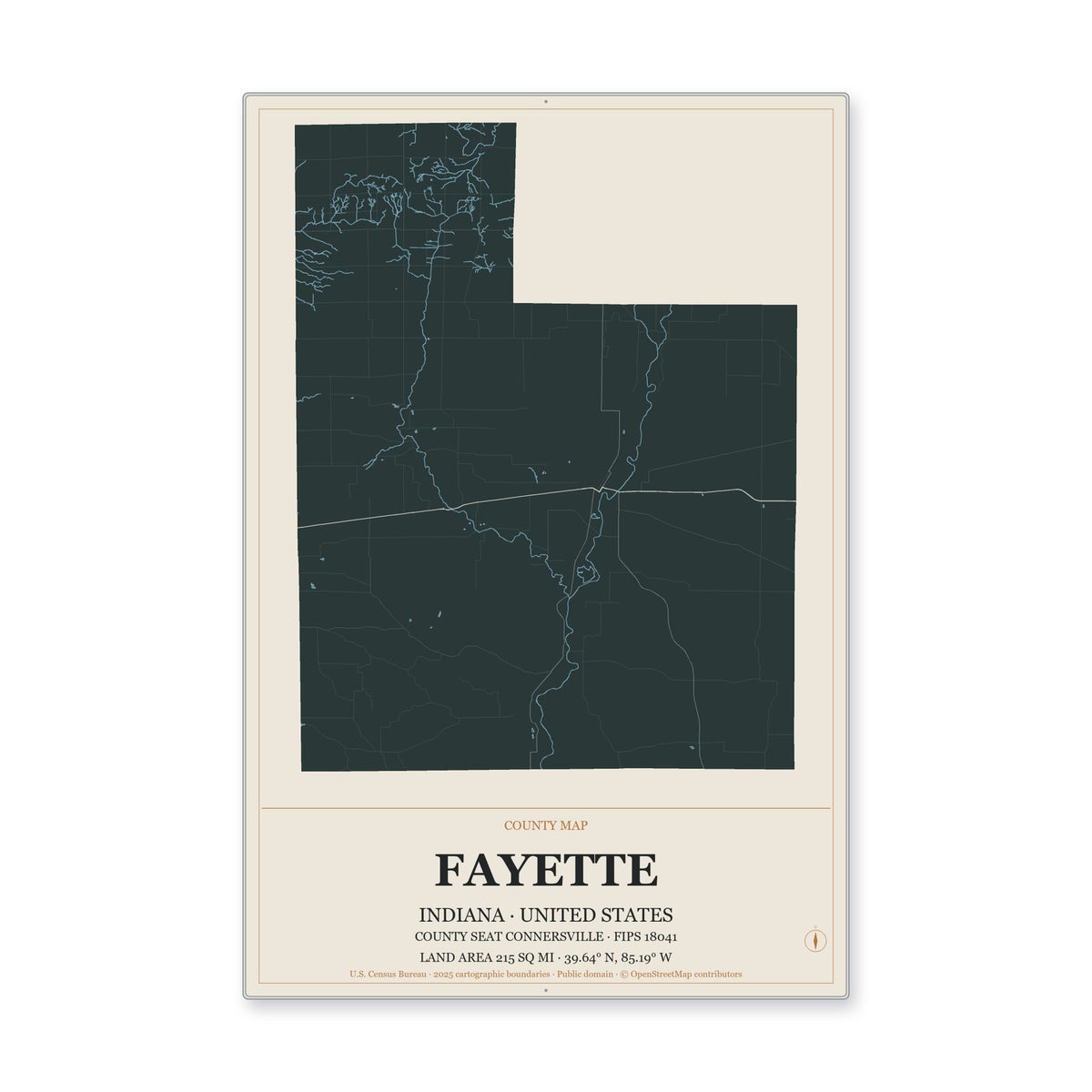 Fayette County, Indiana Map Aluminum Sign in Headline Atlas style