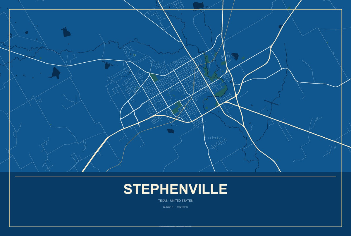Stephenville, Texas City Map Aluminum Sign in Harbor Cobalt style