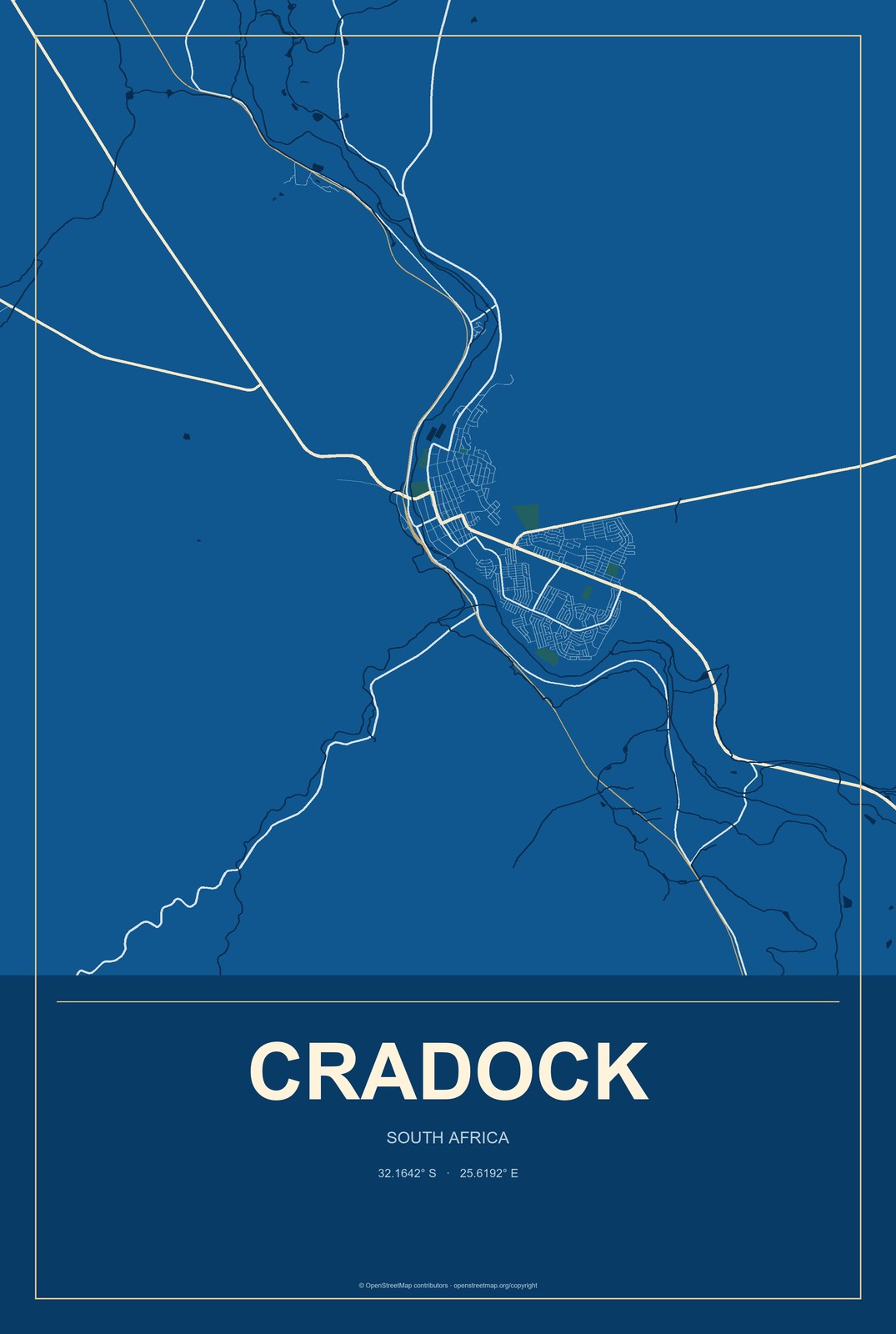 Cradock, South Africa City Map Aluminum Sign in Harbor Cobalt style