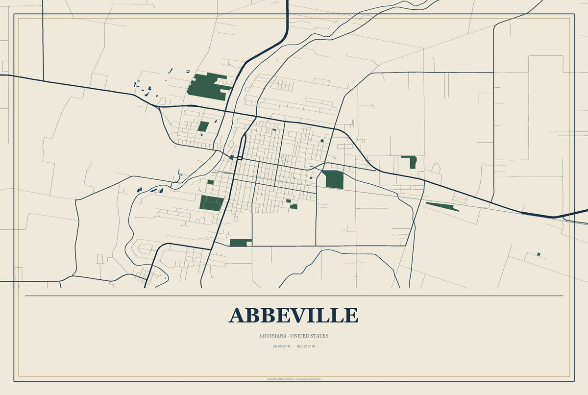 Abbeville, Louisiana City Map Aluminum Sign in Coastal Cutout style