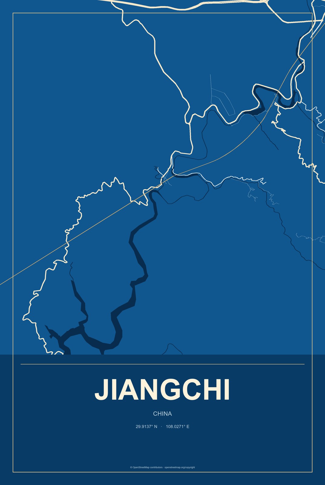 Jiangchi, China City Map Aluminum Sign in Harbor Cobalt style