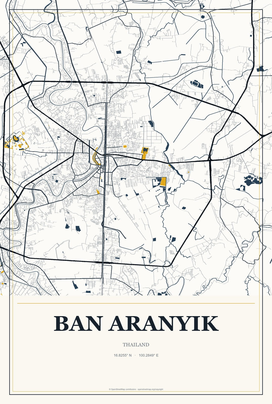 Ban Aranyik, Thailand City Map Aluminum Sign in Citrine Modern style