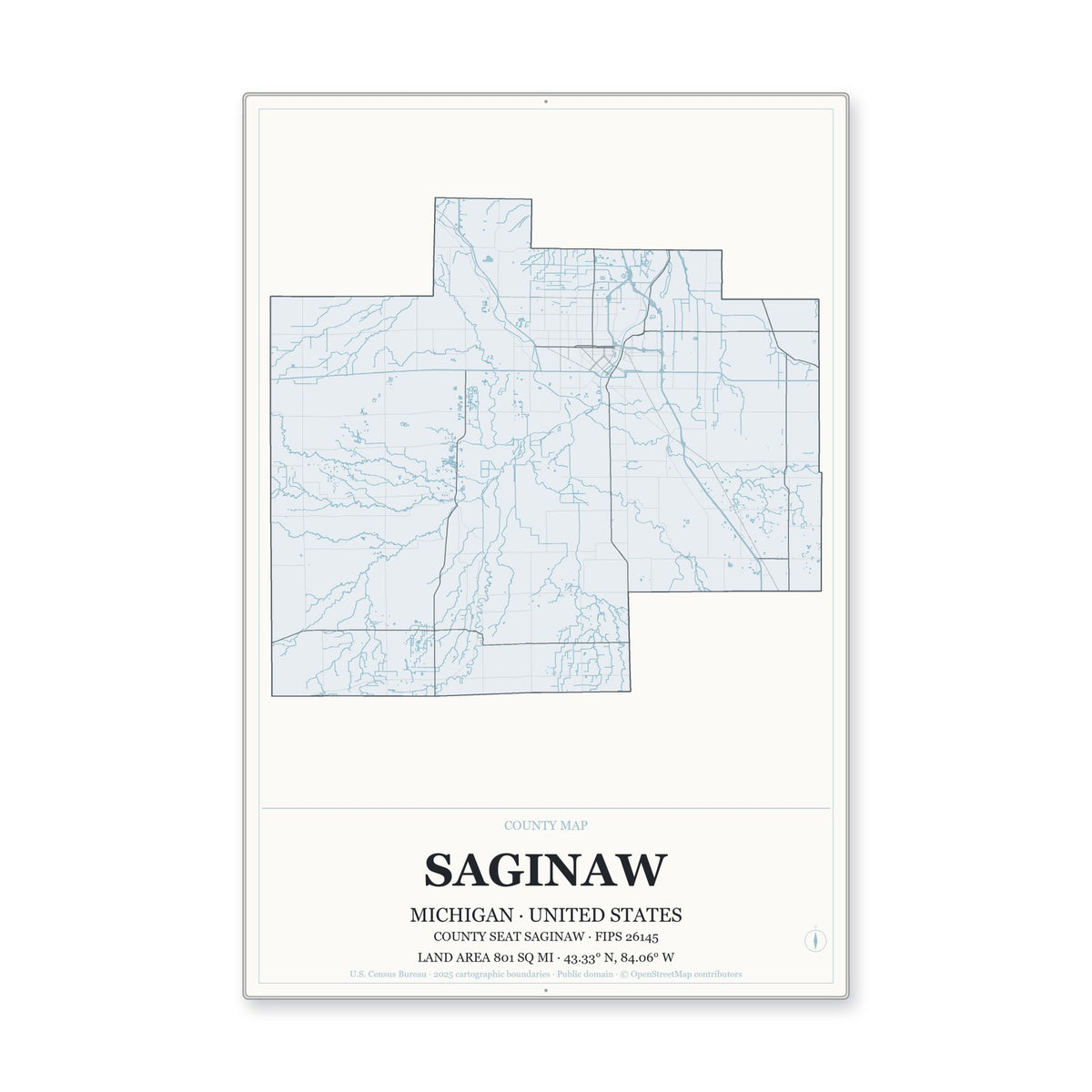 Saginaw County, Michigan Map Aluminum Sign in Gallery Air style