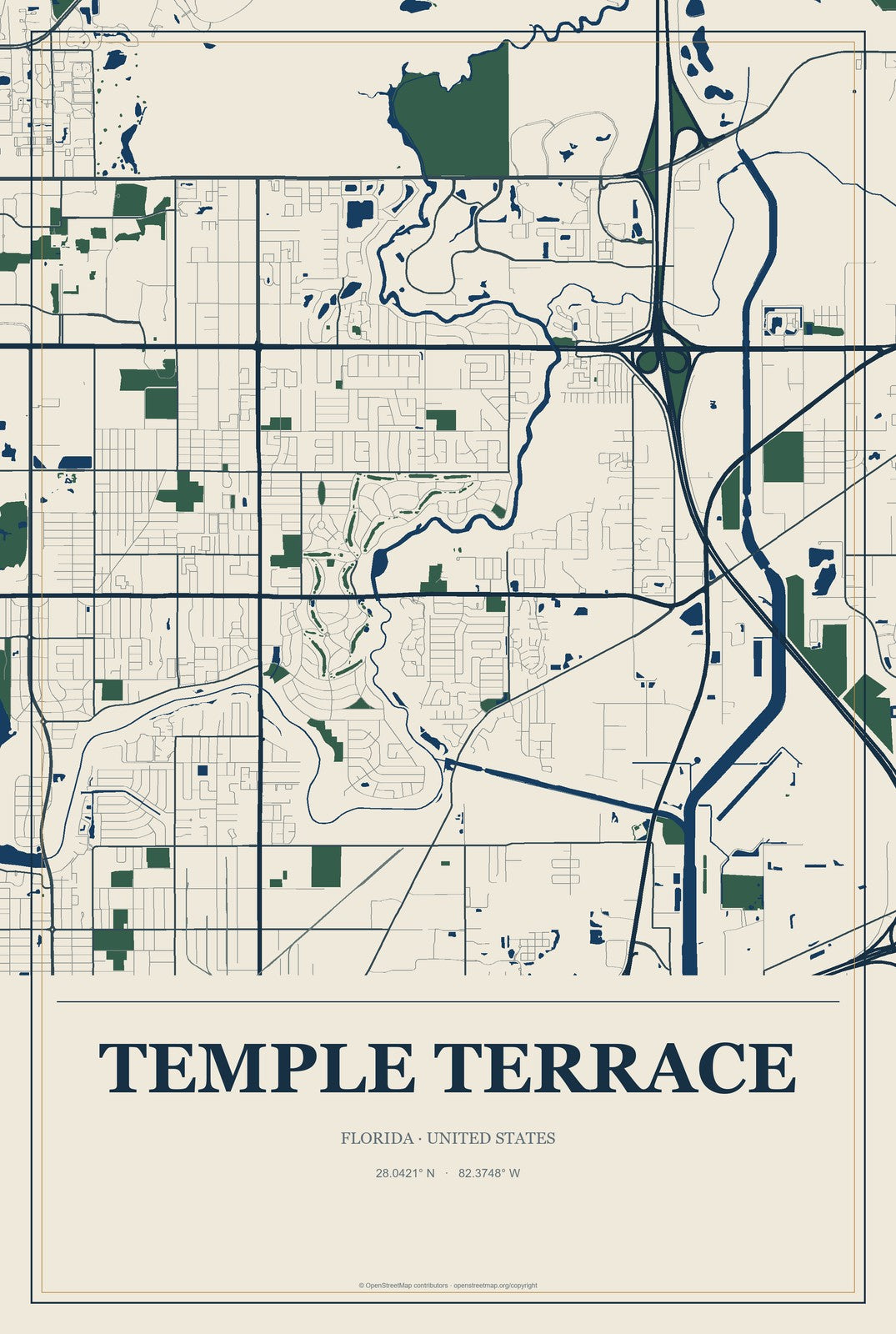 Temple Terrace, Florida City Map Aluminum Sign in Coastal Cutout style