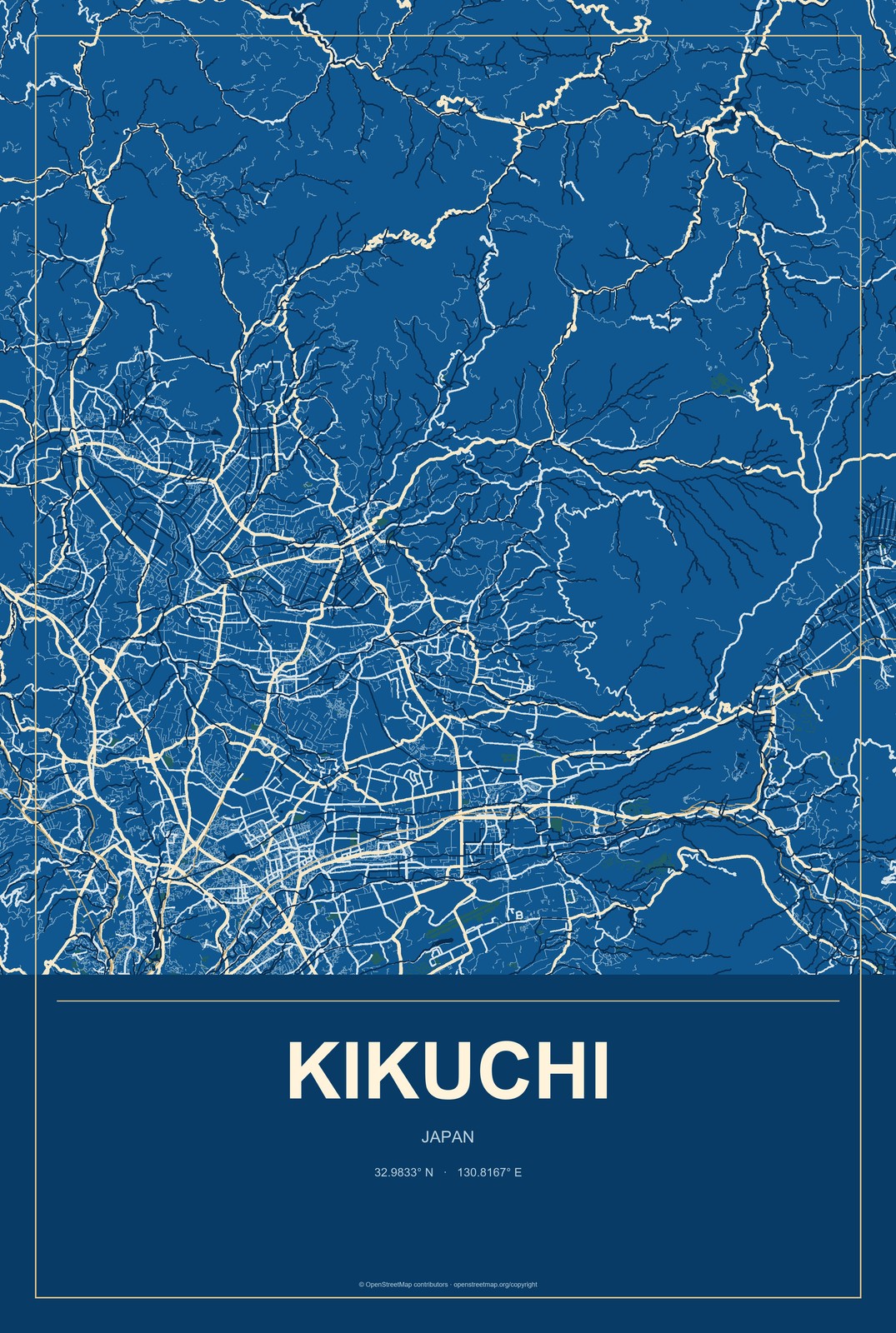 Kikuchi, Japan City Map Aluminum Sign in Harbor Cobalt style