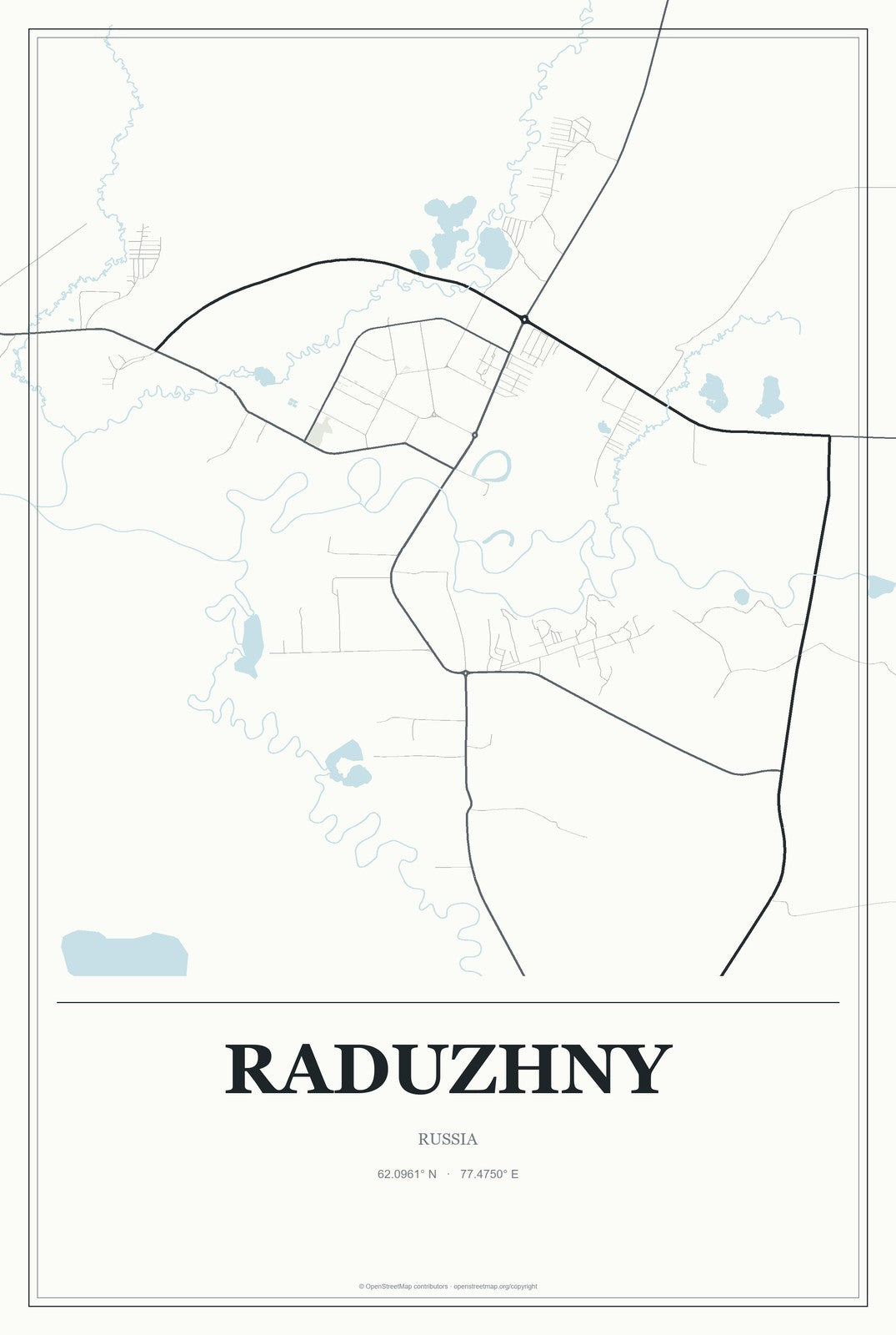 Raduzhny, Russia City Map Aluminum Sign in Gallery Air style