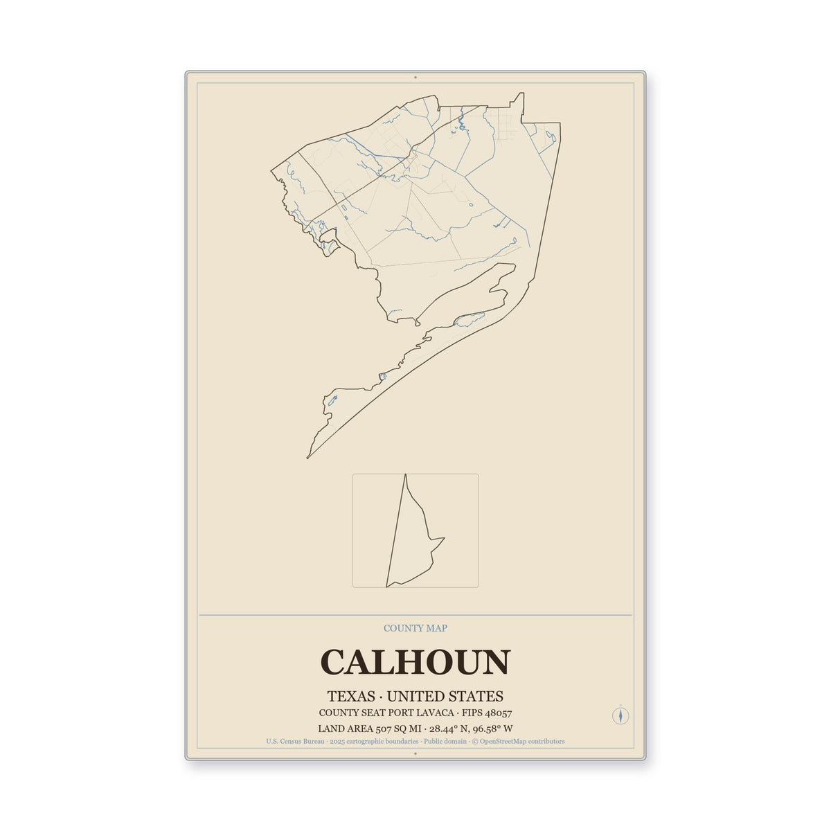 Calhoun County, Texas Map Aluminum Sign in Heritage Nautical style