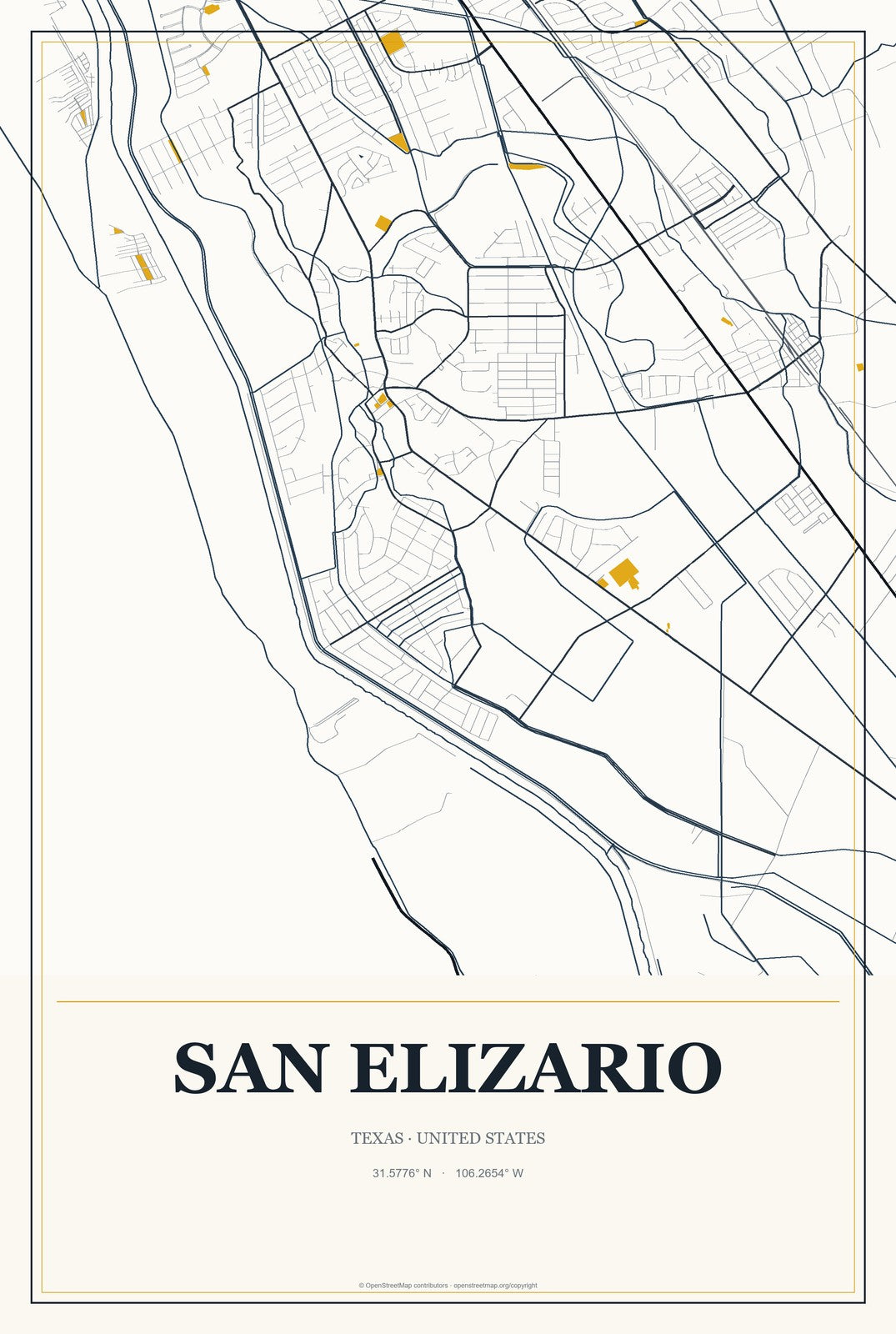San Elizario, Texas City Map Aluminum Sign in Citrine Modern style