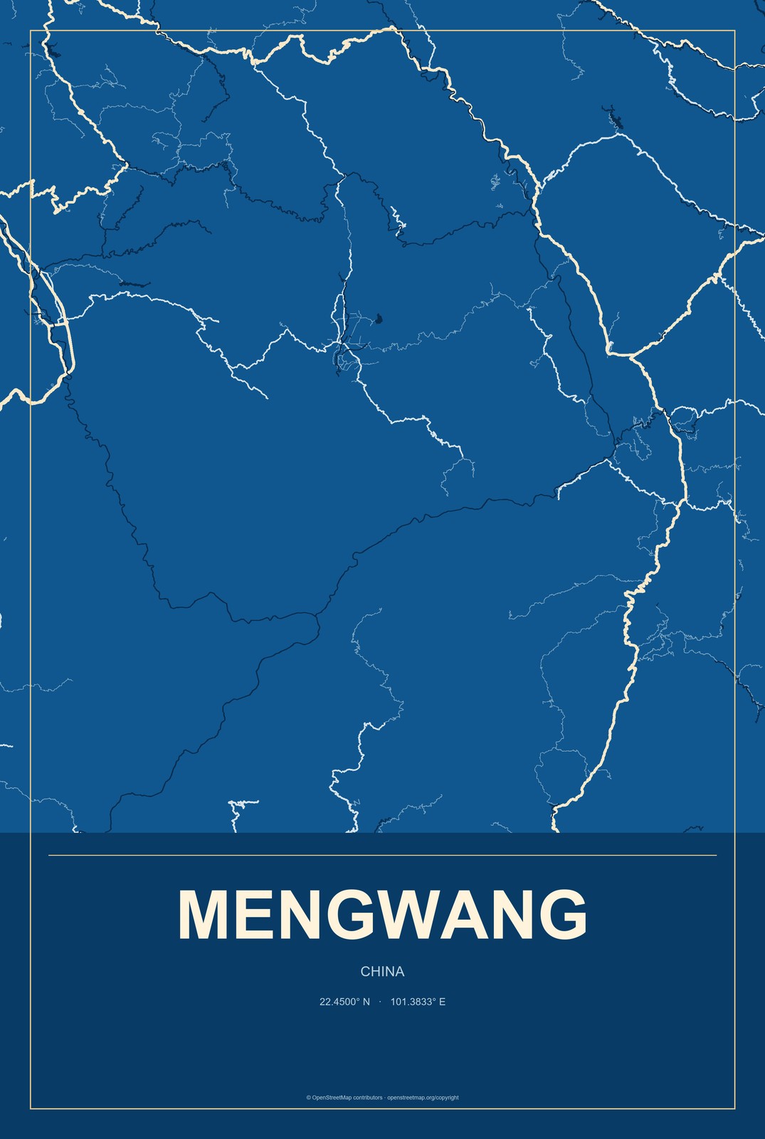 Mengwang, China City Map Aluminum Sign in Harbor Cobalt style