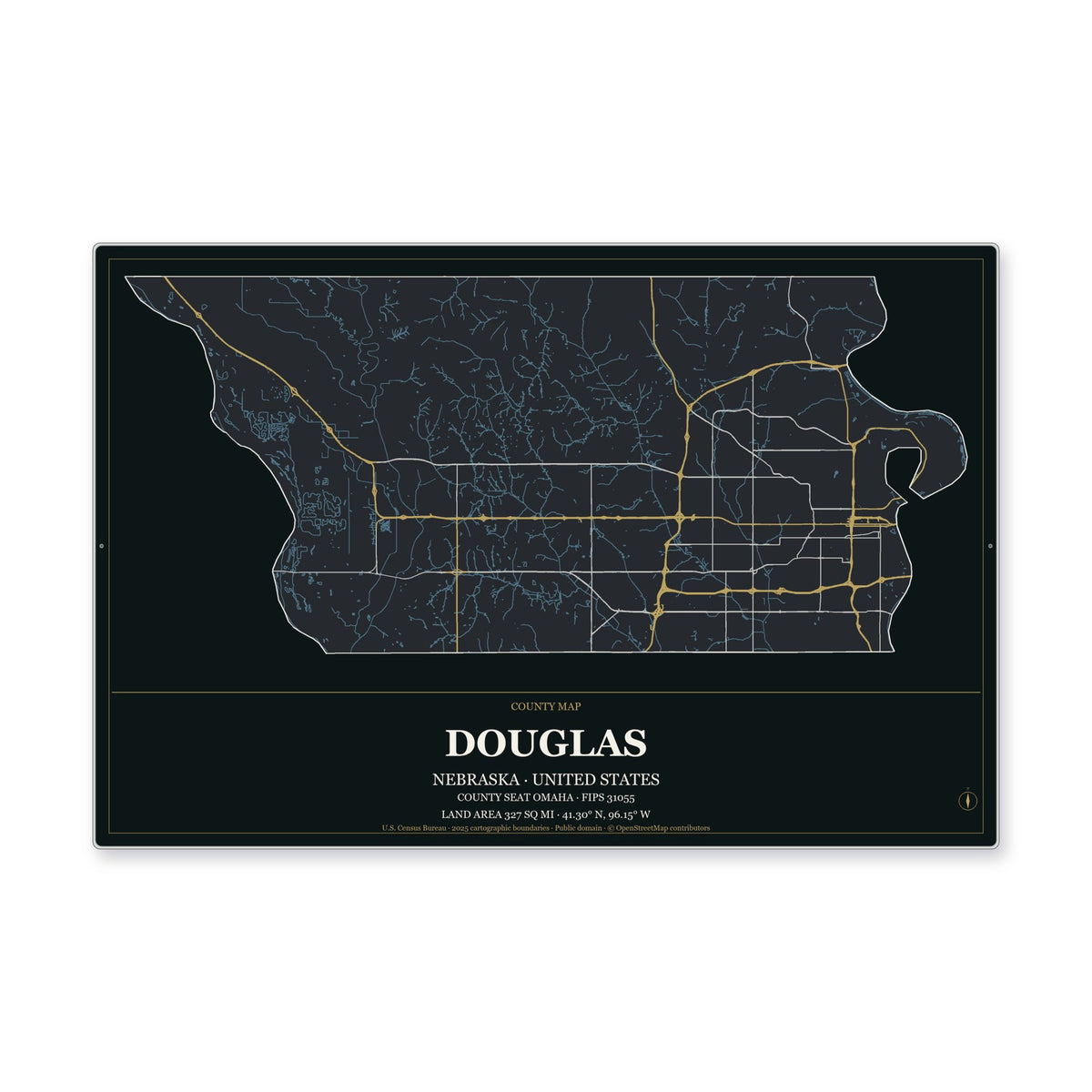 Douglas County, Nebraska Map Aluminum Sign in Metropolitan Noir style