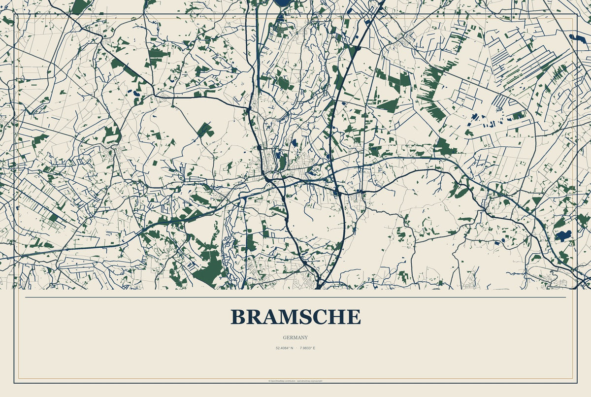 Bramsche, Germany City Map Aluminum Sign in Coastal Cutout style