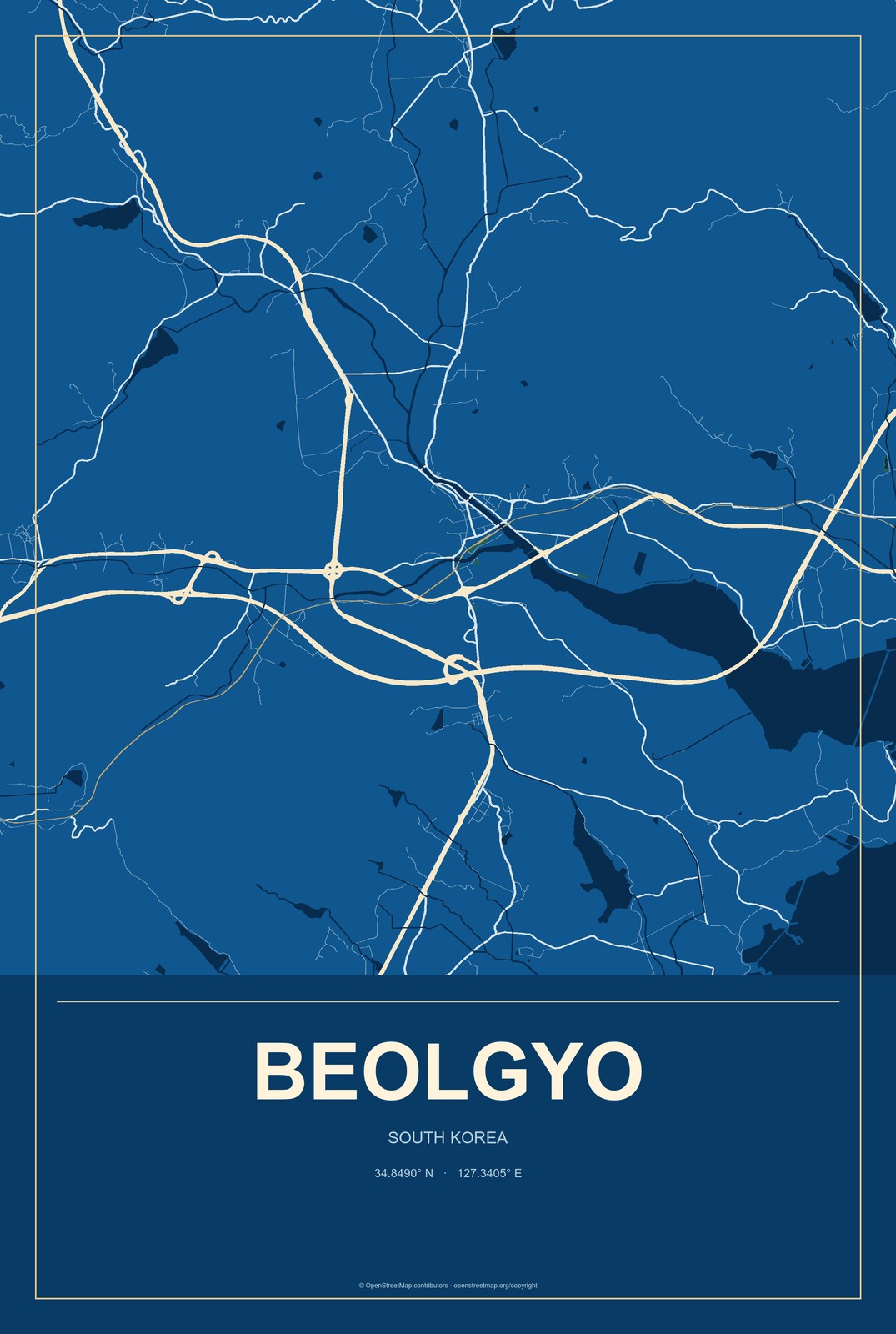 Beolgyo, South Korea City Map Aluminum Sign in Harbor Cobalt style