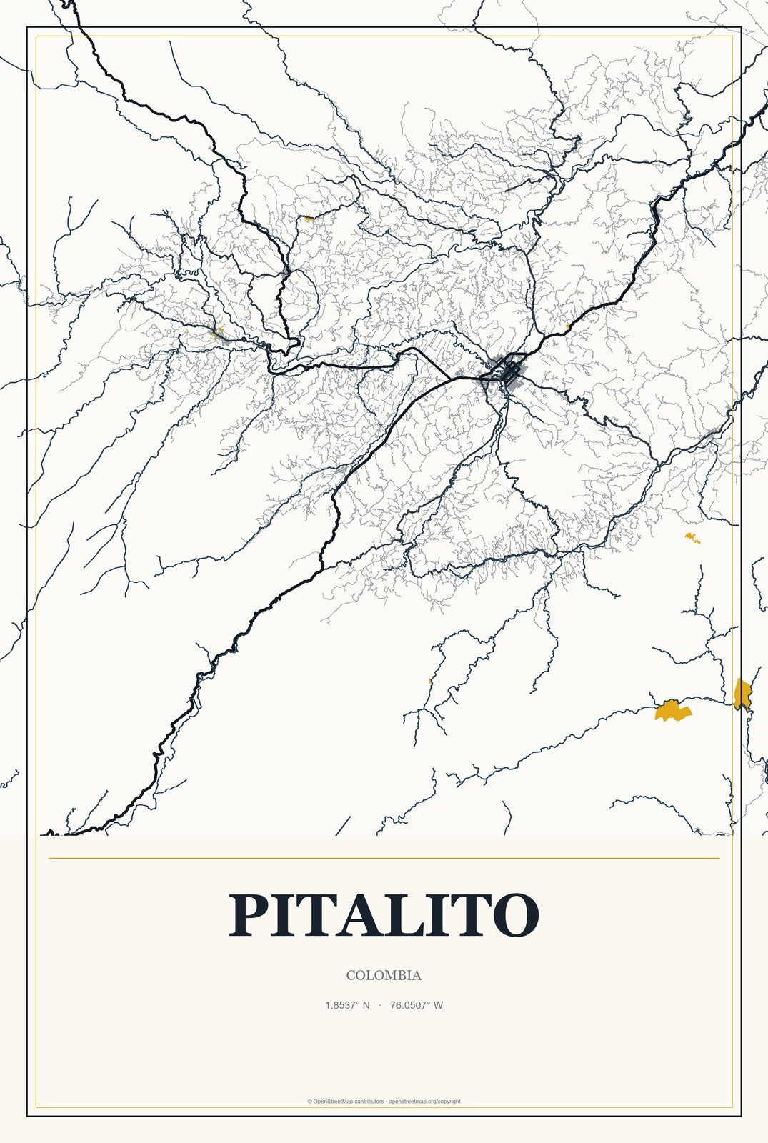 Pitalito, Colombia City Map Aluminum Sign in Citrine Modern style