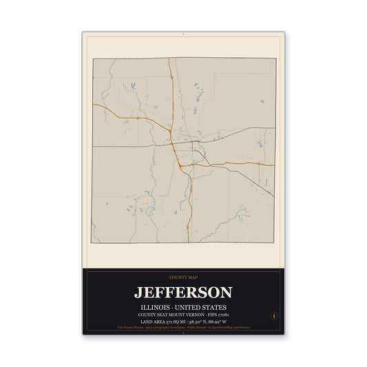 Jefferson County, Illinois Map Aluminum Sign in Museum Plaque style