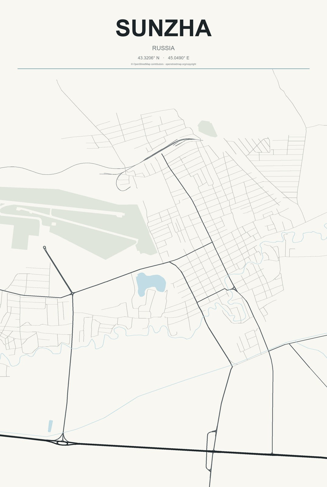 Sunzha, North Ossetia–Alania, Russia City Map Aluminum Sign in Headline Atlas style