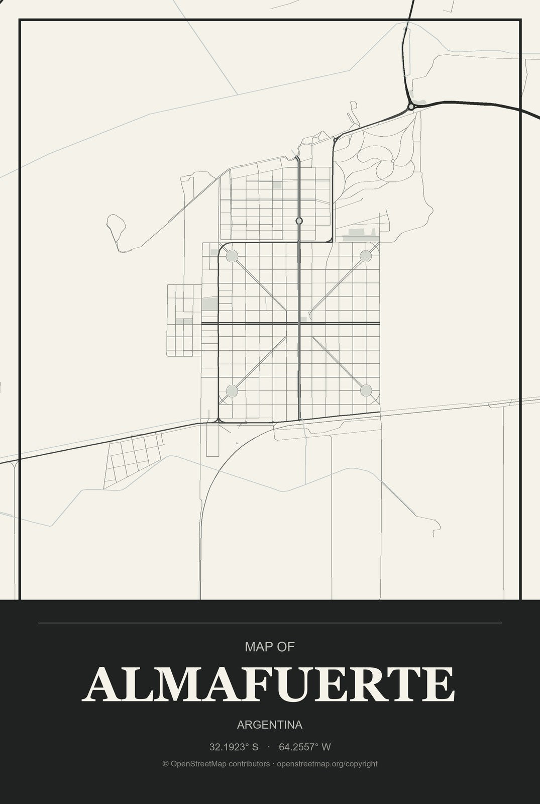 Almafuerte, Argentina City Map Aluminum Sign in Museum Plaque style