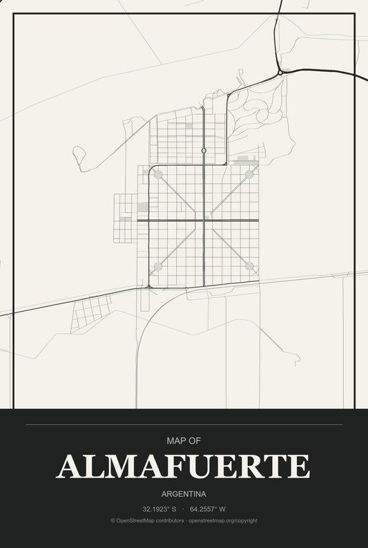 Almafuerte, Argentina City Map Aluminum Sign in Museum Plaque style