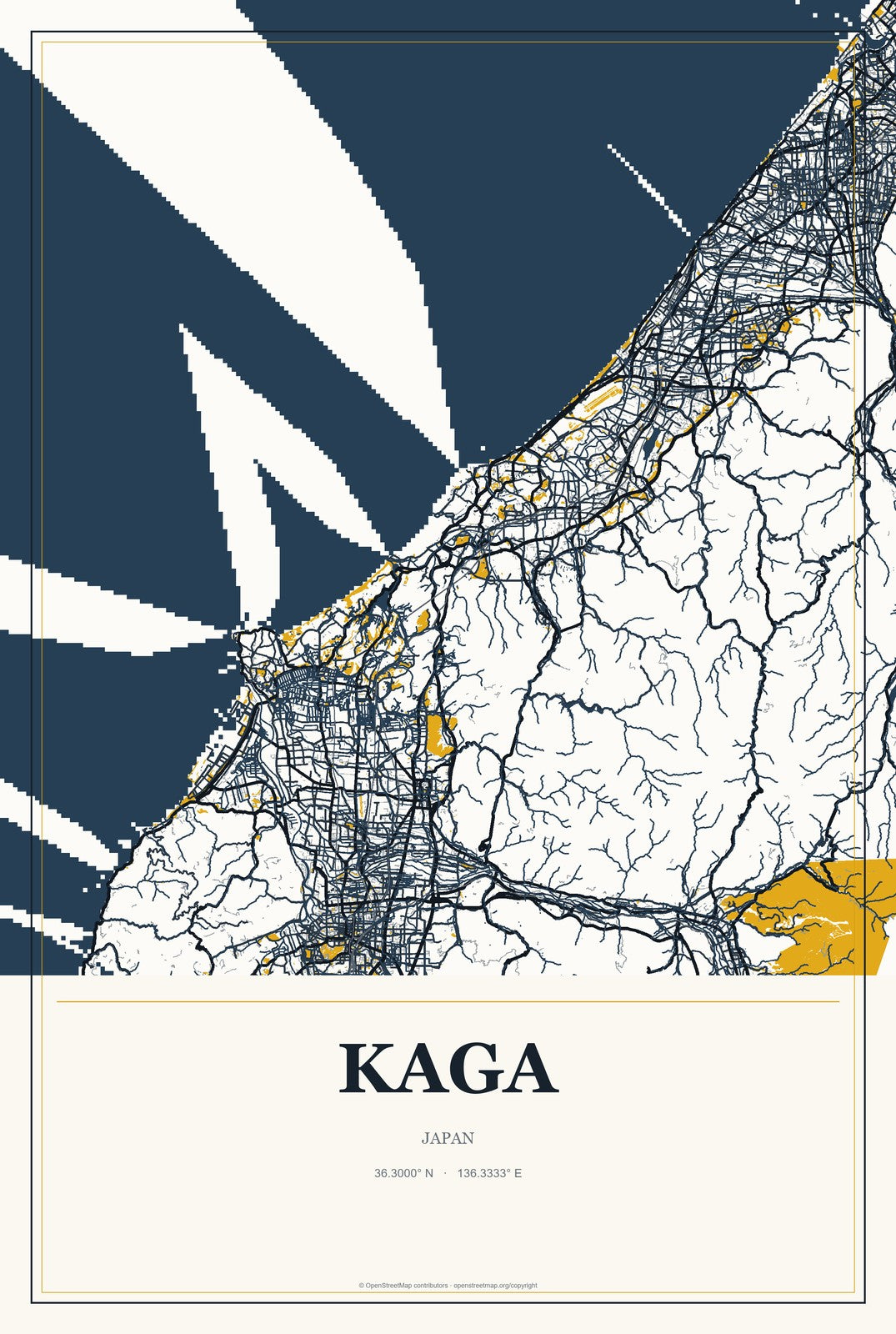 Kaga, Japan City Map Aluminum Sign in Citrine Modern style