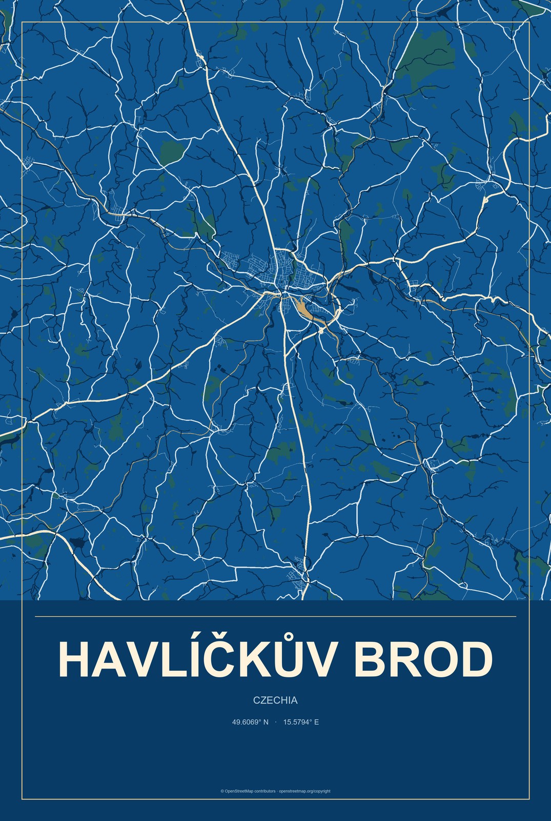 Havlíčkův Brod, Czechia City Map Aluminum Sign in Harbor Cobalt style