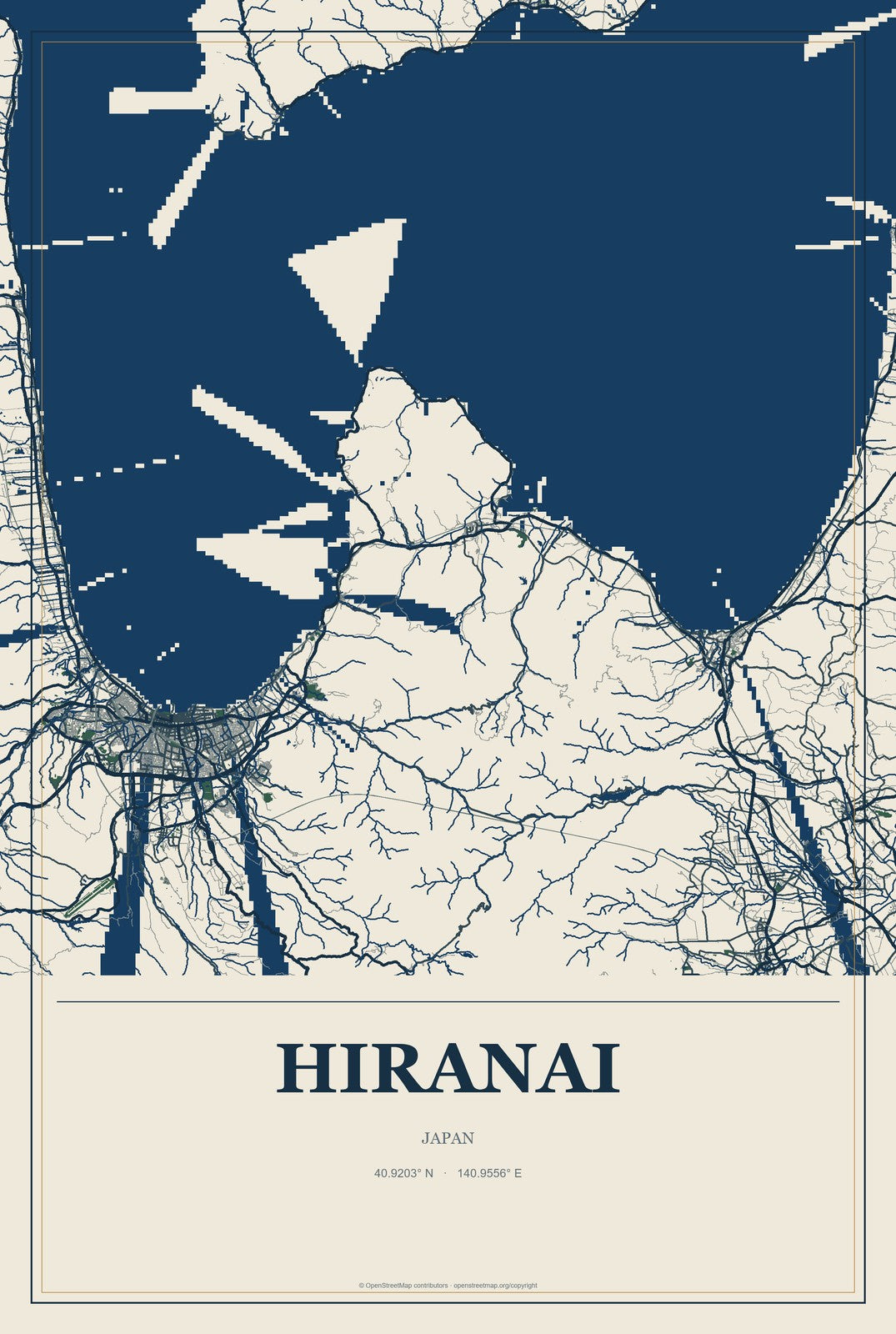 Hiranai, Japan City Map Aluminum Sign in Coastal Cutout style