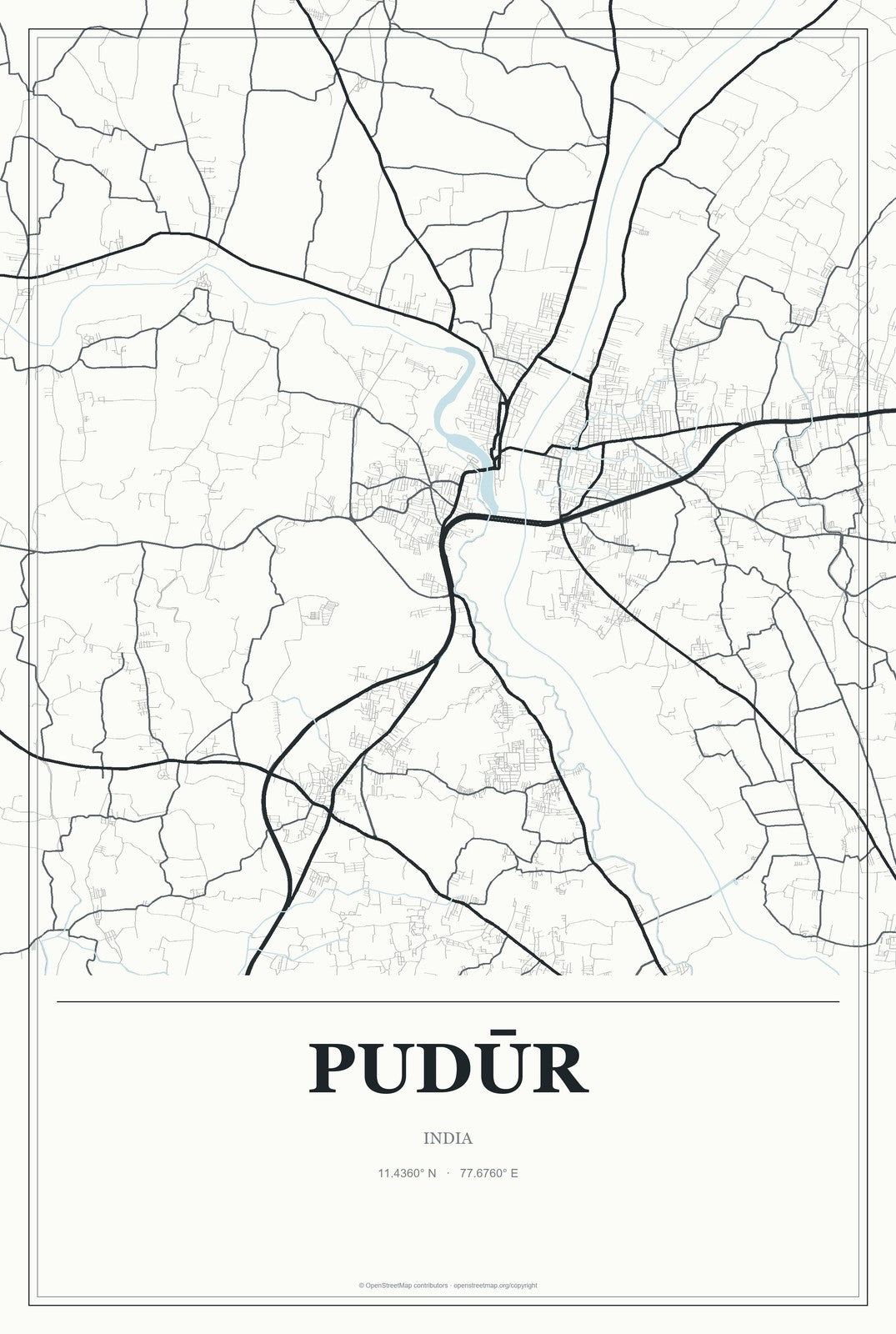 Pudūr, India City Map Aluminum Sign in Gallery Air style