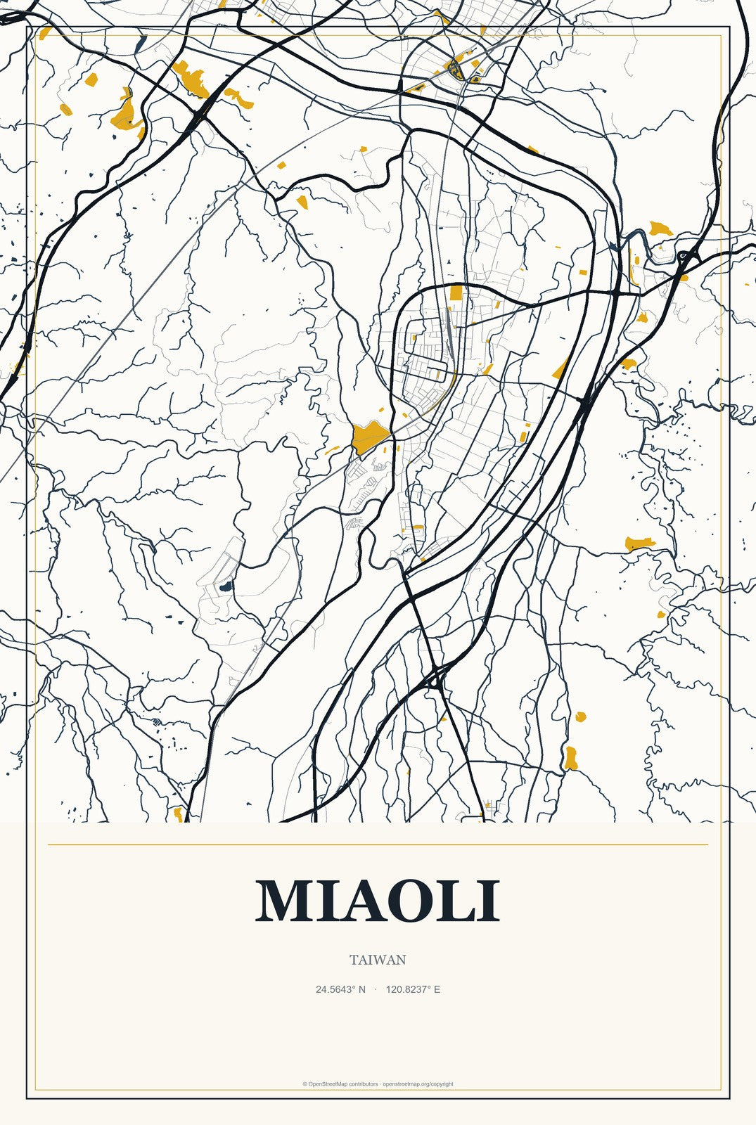 Miaoli, Taiwan City Map Aluminum Sign in Citrine Modern style