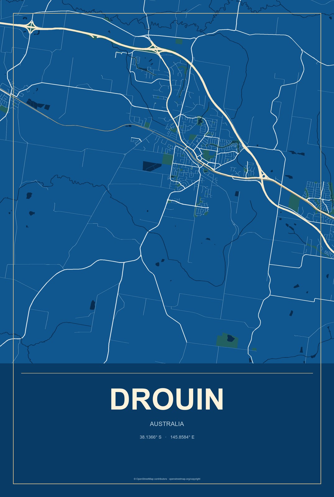 Drouin, Australia City Map Aluminum Sign in Harbor Cobalt style