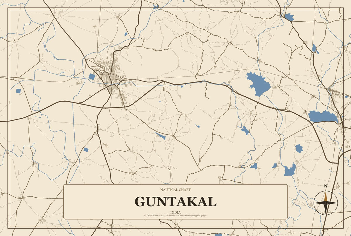 Guntakal, India City Map Aluminum Sign in Heritage Nautical style