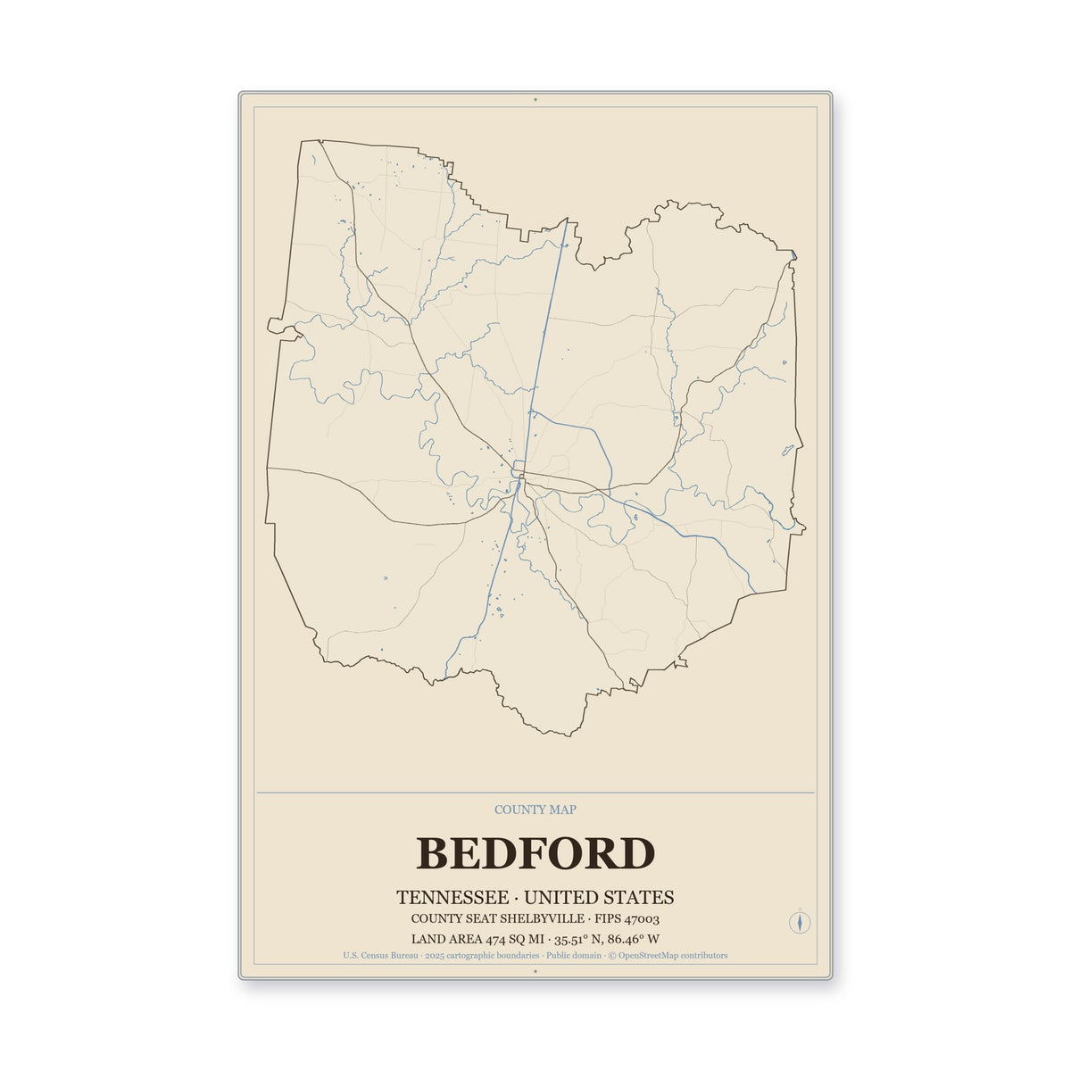 Bedford County, Tennessee Map Aluminum Sign in Heritage Nautical style