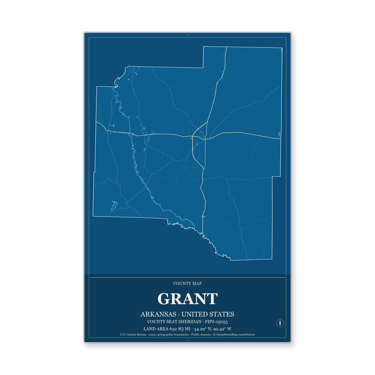 Grant County, Arkansas Map Aluminum Sign in Harbor Cobalt style