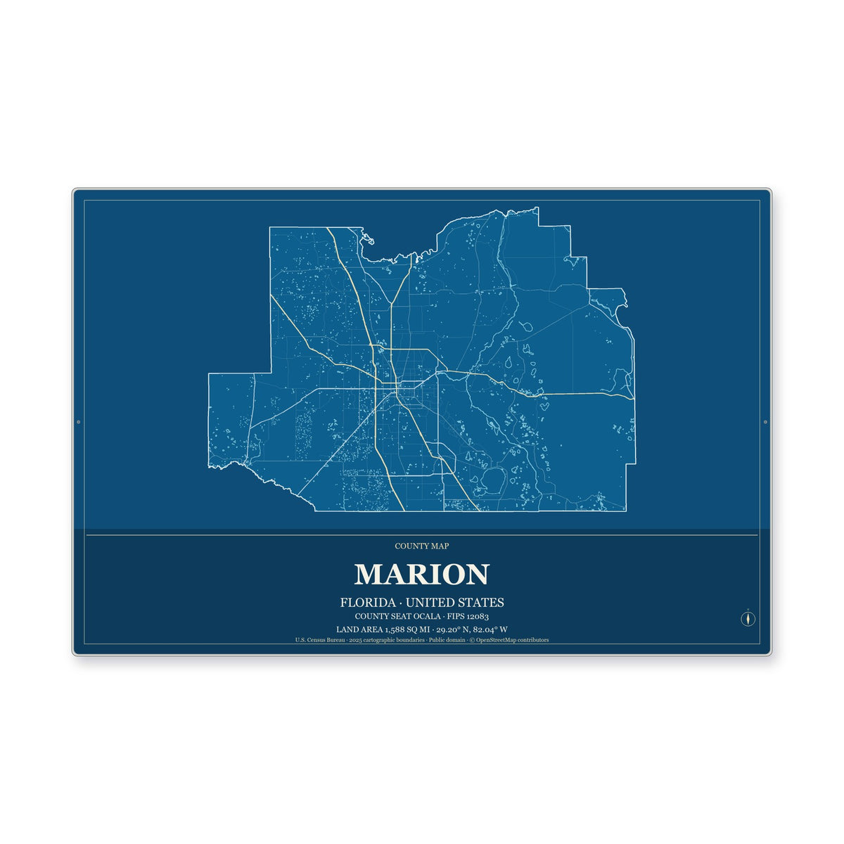 Marion County, Florida Map Aluminum Sign in Harbor Cobalt style