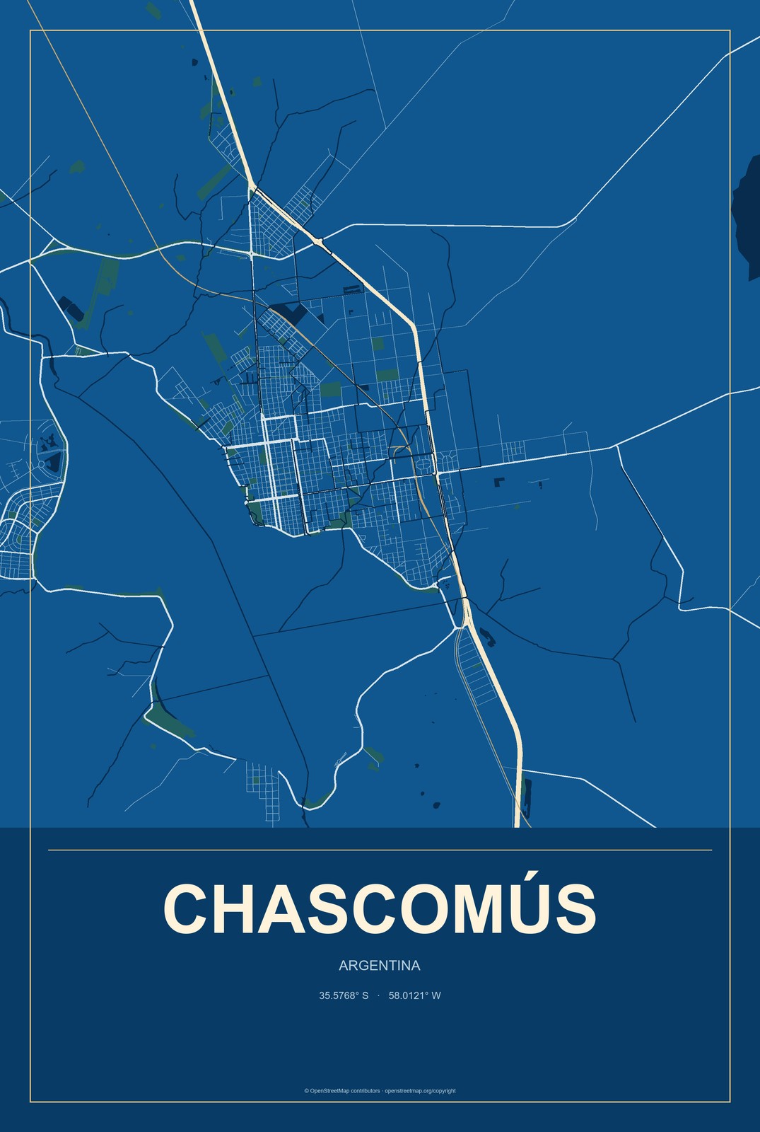 Chascomús, Argentina City Map Aluminum Sign in Harbor Cobalt style