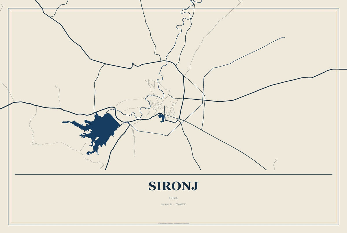 Sironj, India City Map Aluminum Sign in Coastal Cutout style