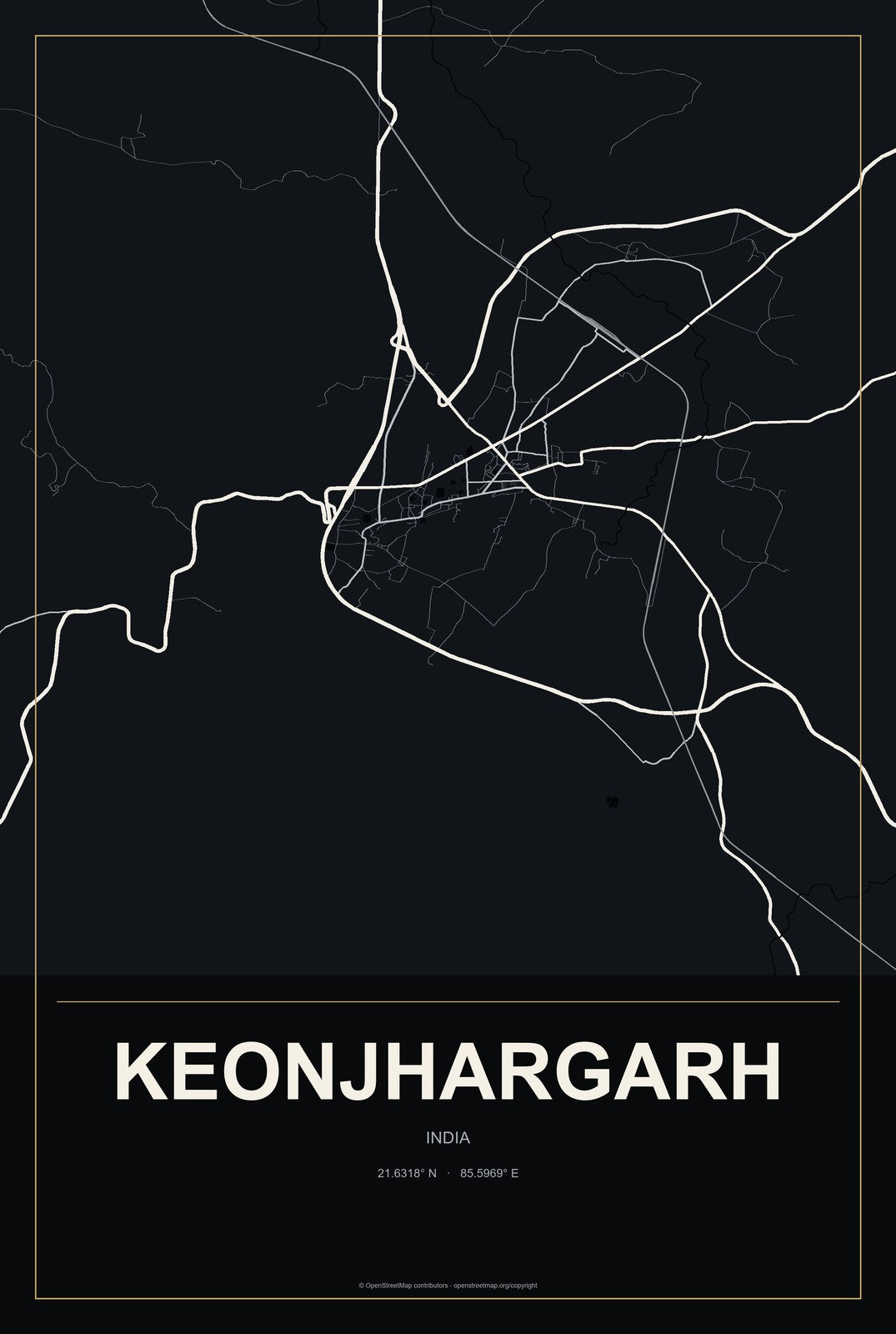 Keonjhargarh, India City Map Aluminum Sign in Metropolitan Noir style