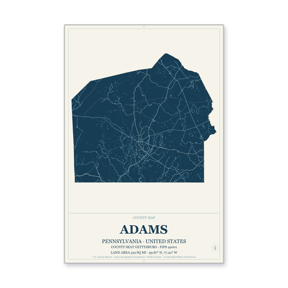 Adams County, Pennsylvania Map Aluminum Sign in Coastal Cutout style