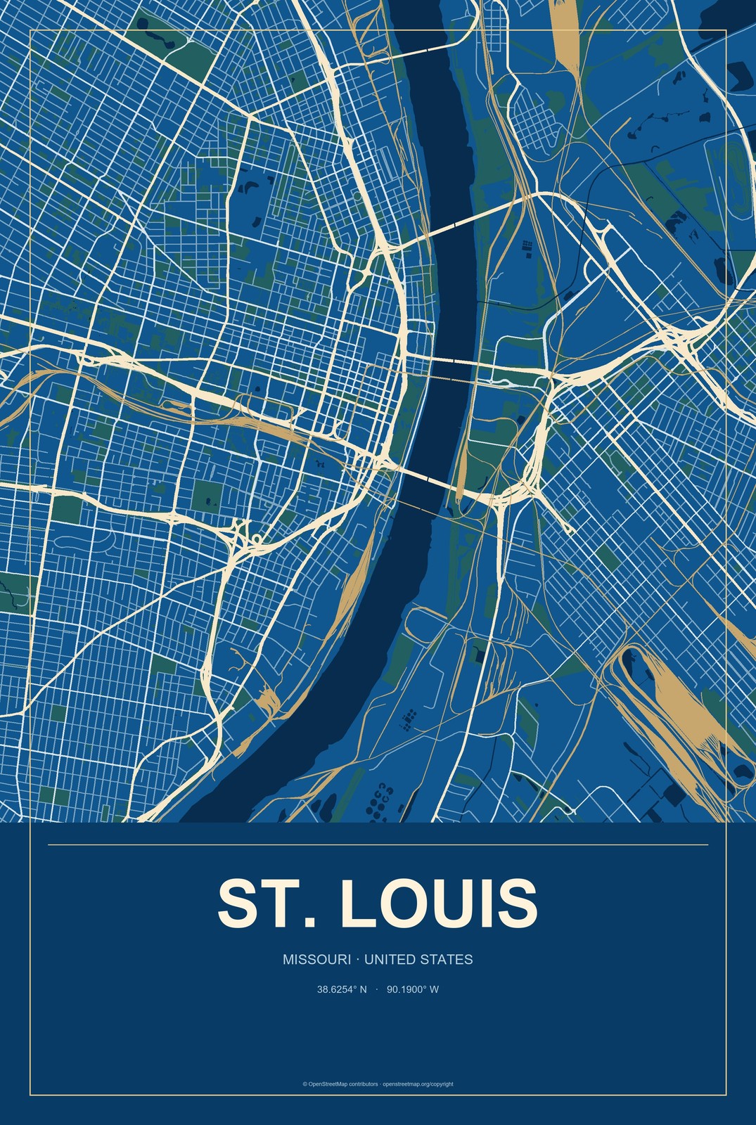St. Louis, Missouri City Map Aluminum Sign in Harbor Cobalt style