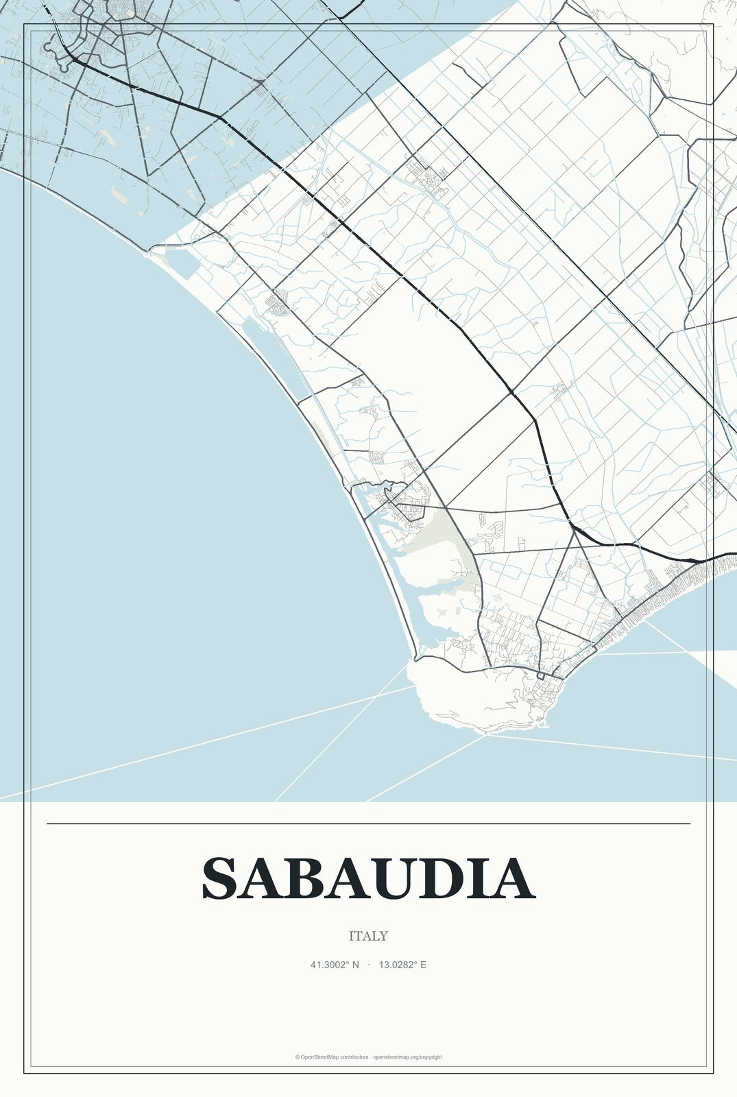 Sabaudia, Italy City Map Aluminum Sign in Gallery Air style
