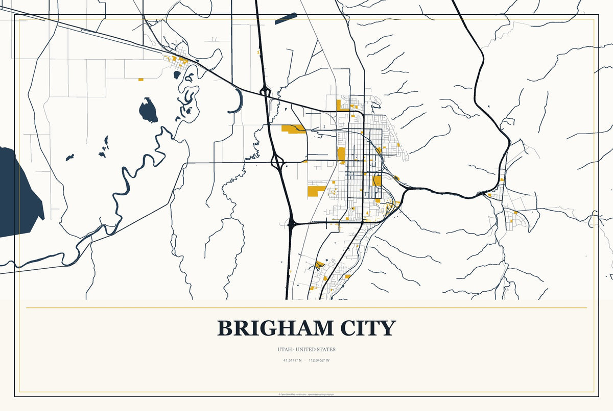 Brigham City, Utah City Map Aluminum Sign in Citrine Modern style