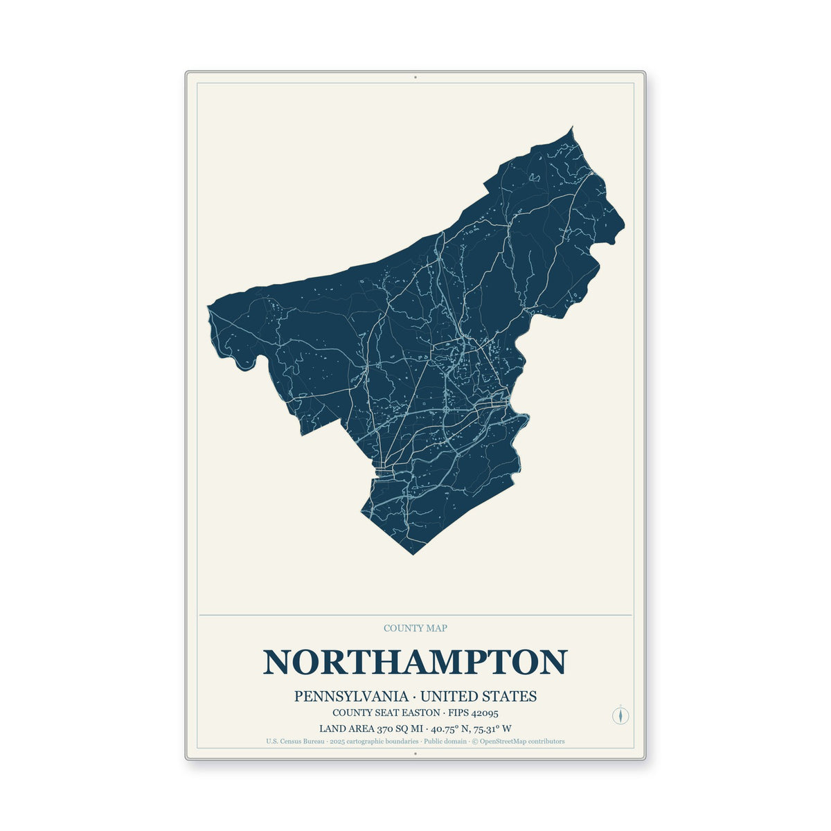 Northampton County, Pennsylvania Map Aluminum Sign in Coastal Cutout style