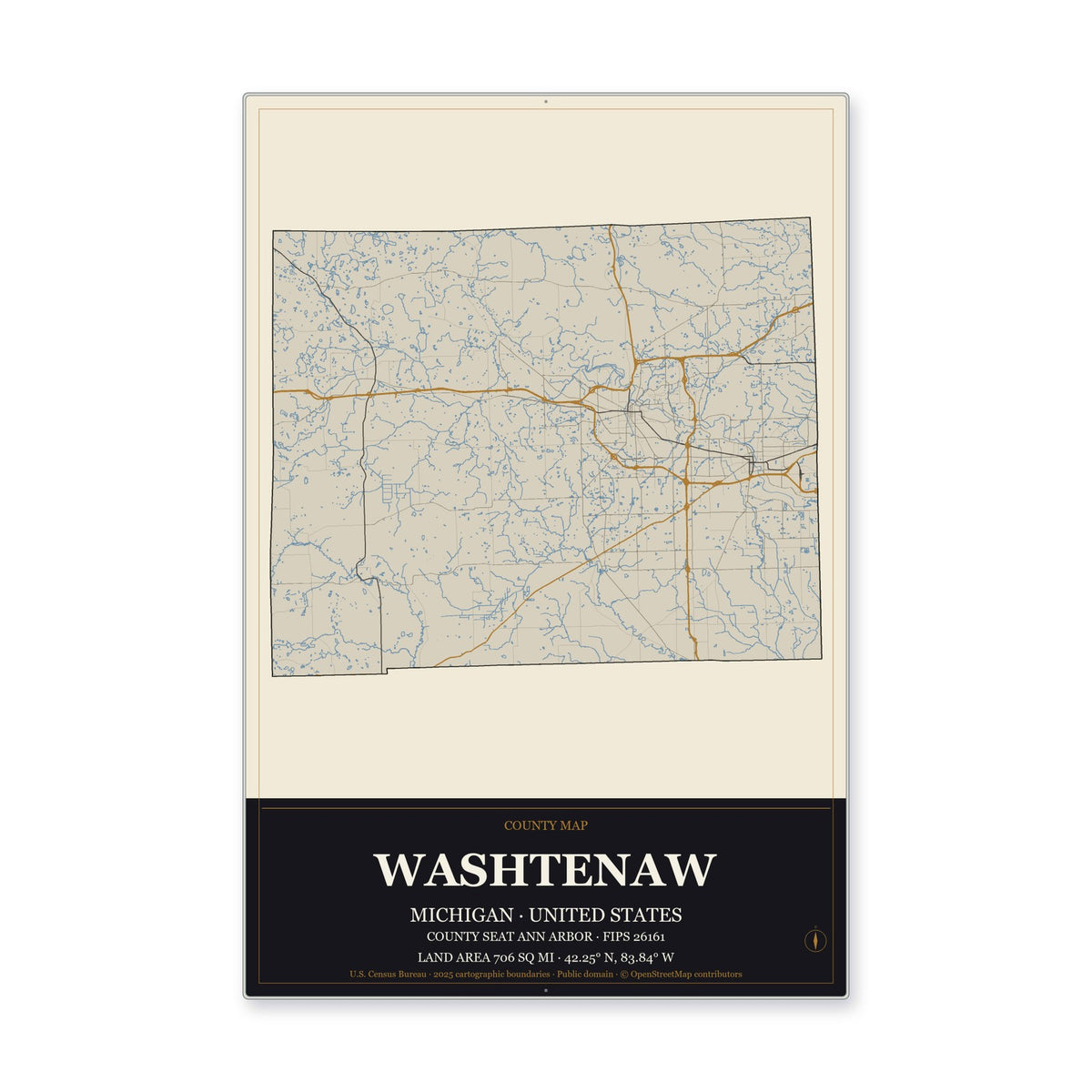 Washtenaw County, Michigan Map Aluminum Sign in Museum Plaque style
