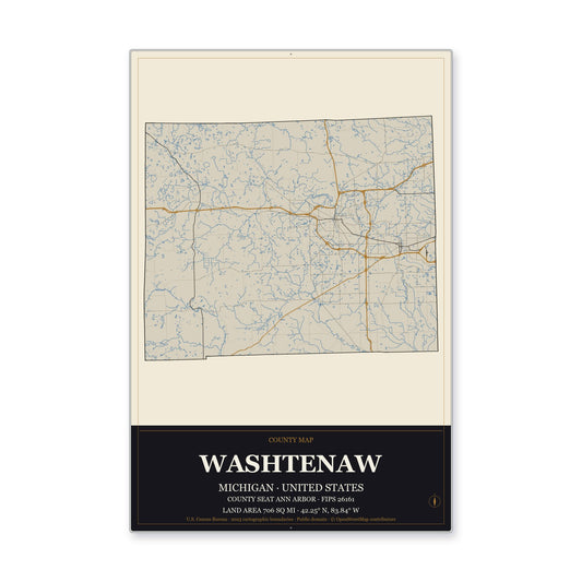 Washtenaw County, Michigan Map Aluminum Sign in Museum Plaque style