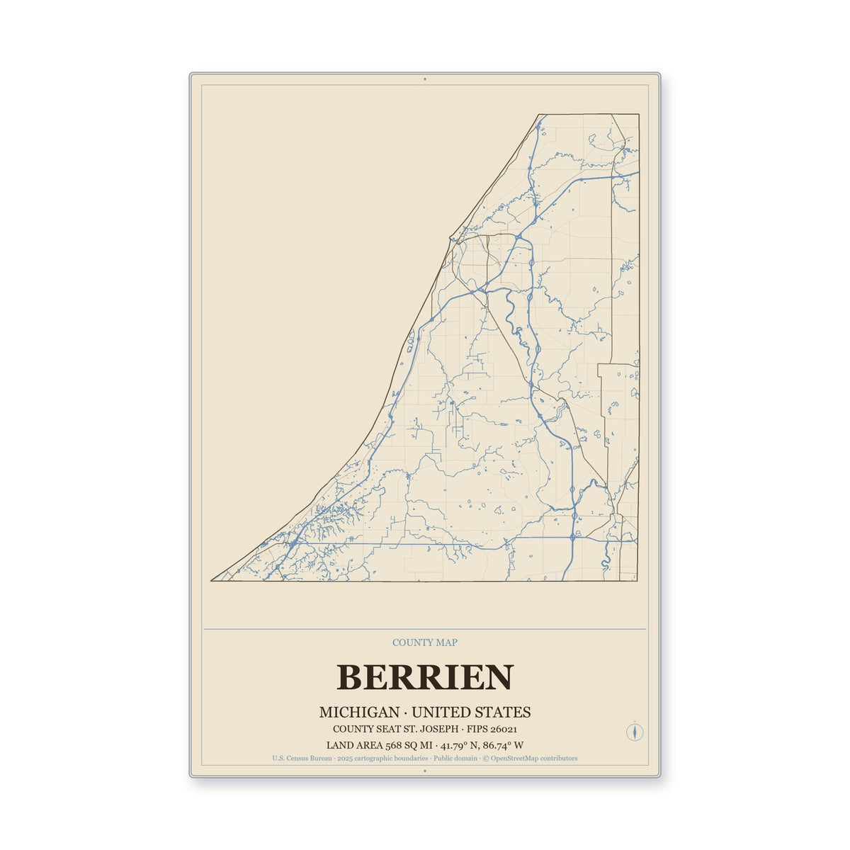 Berrien County, Michigan Map Aluminum Sign in Heritage Nautical style